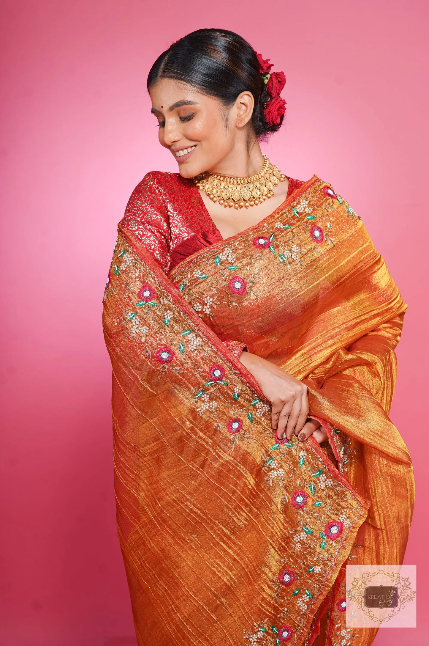 Fiery Gold Zari Tissue Pankhuri Saree kreationbykj