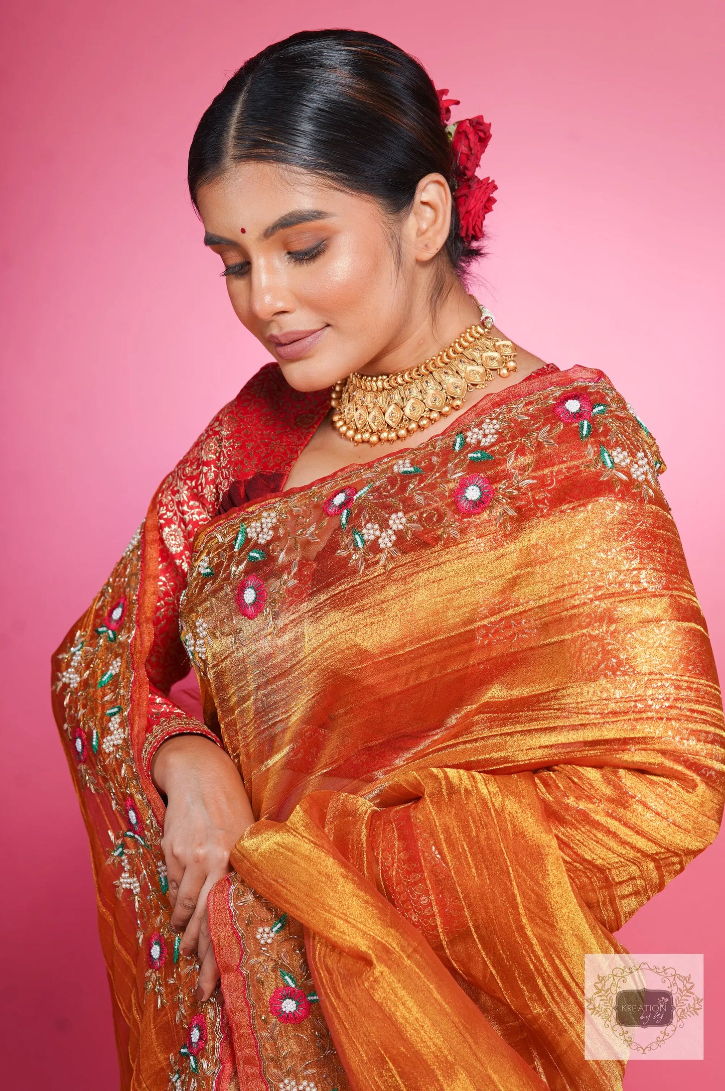 Fiery Gold Zari Tissue Pankhuri Saree kreationbykj