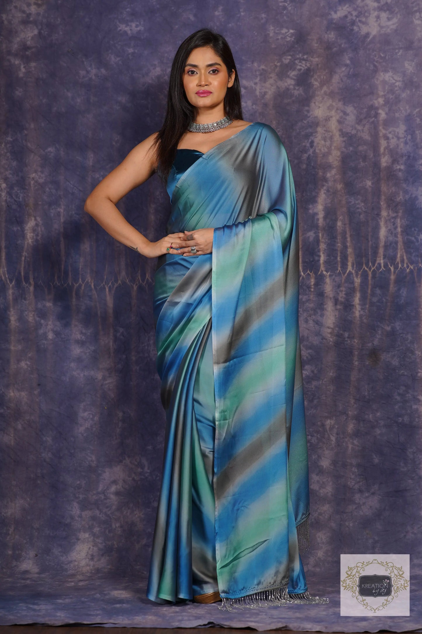 Blue Grottos Ombré Georgette Silk Cocktail Saree kreationbykj