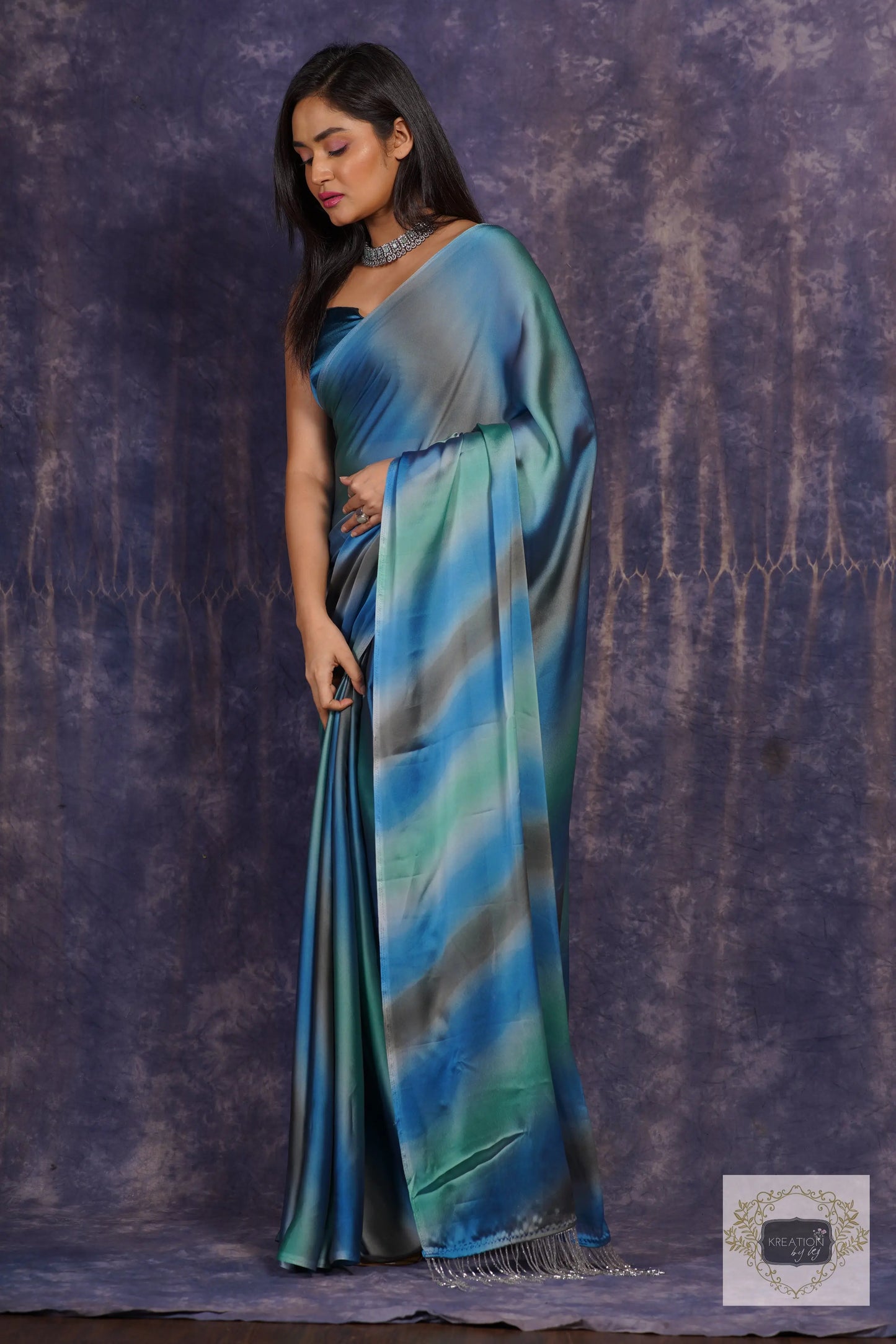 Blue Grottos Ombré Georgette Silk Cocktail Saree kreationbykj
