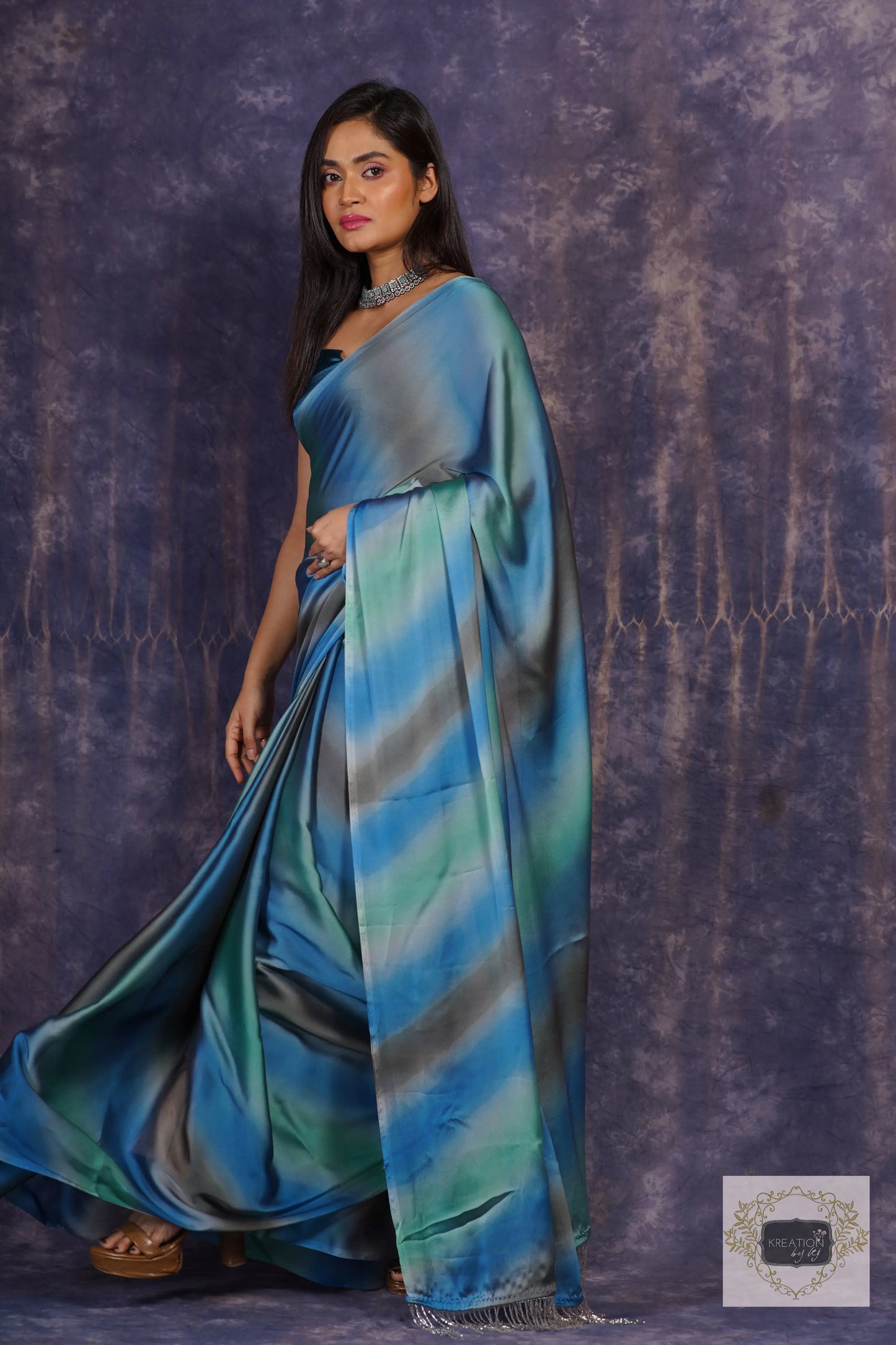 Blue Grottos Ombré Georgette Silk Cocktail Saree kreationbykj