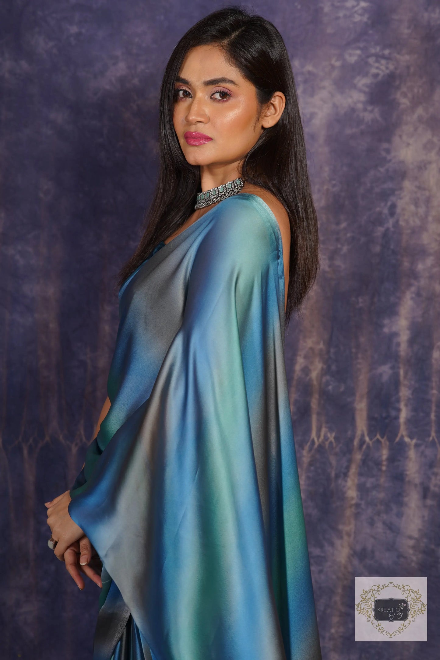 Blue Grottos Ombré Georgette Silk Cocktail Saree kreationbykj