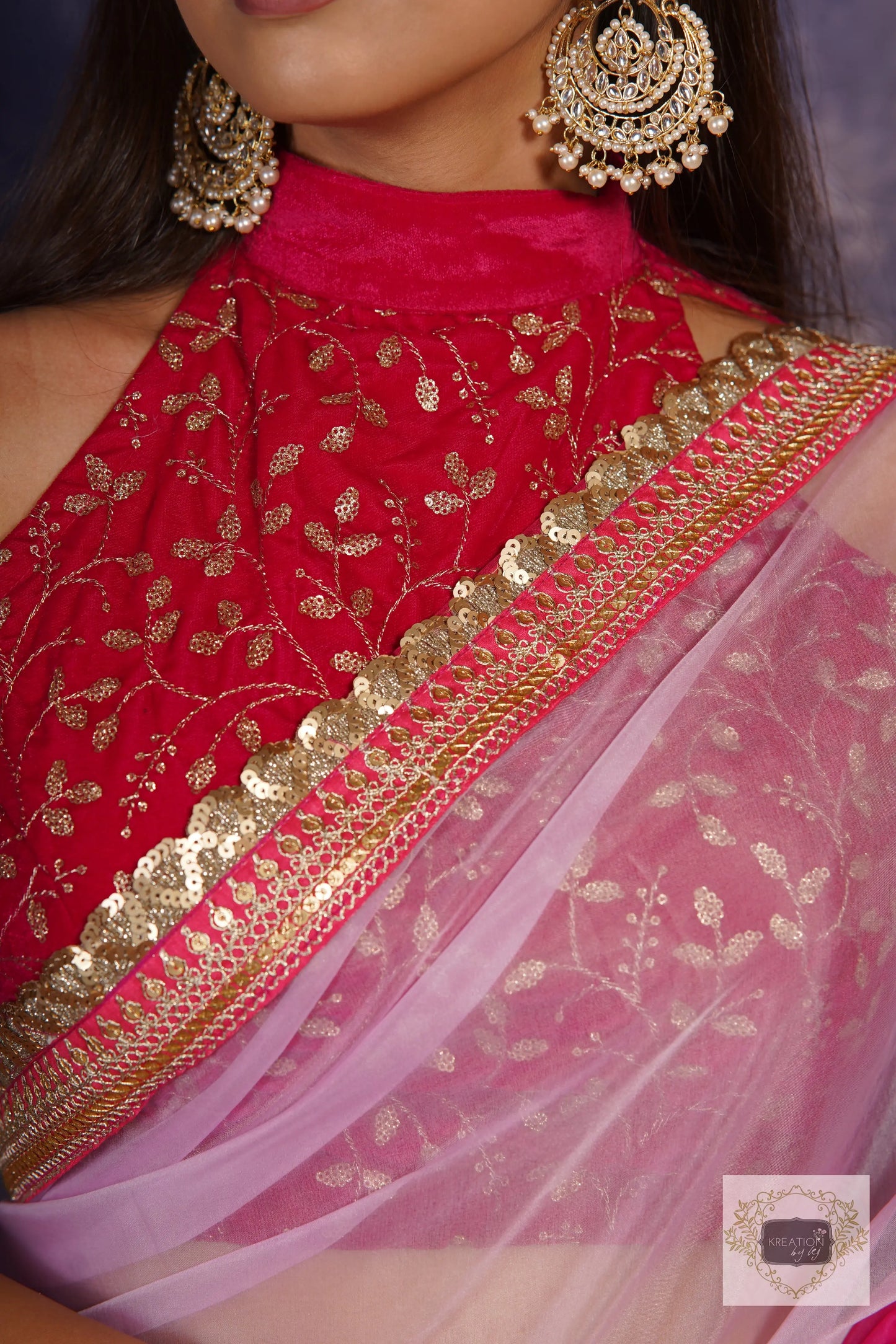 Hot Pink Velvet Halter Neck Blouse kreationbykj