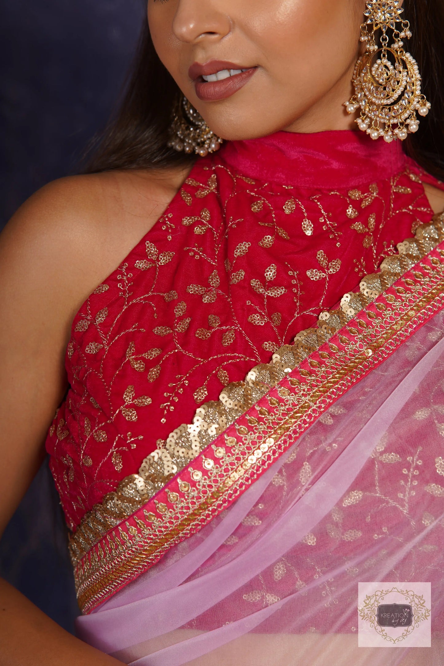 Hot Pink Velvet Halter Neck Blouse kreationbykj
