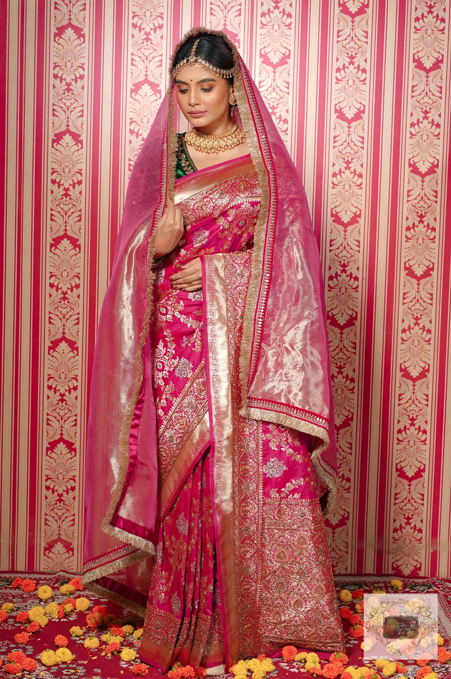 Pink Kataan Silk Banarasi Bridal Saree with Handembroidery kreationbykj