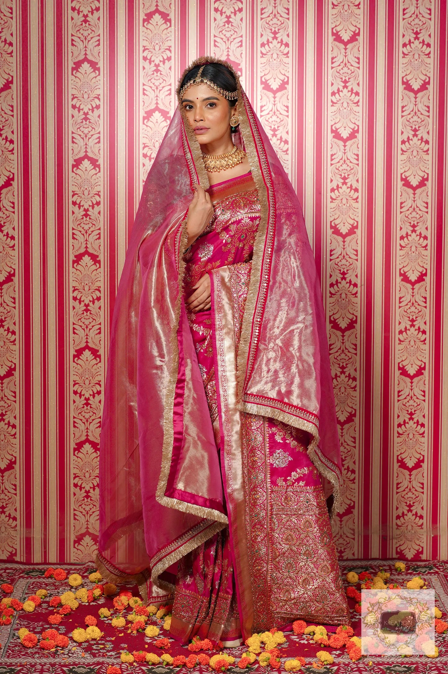 Pink Kataan Silk Banarasi Bridal Saree with Handembroidery kreationbykj