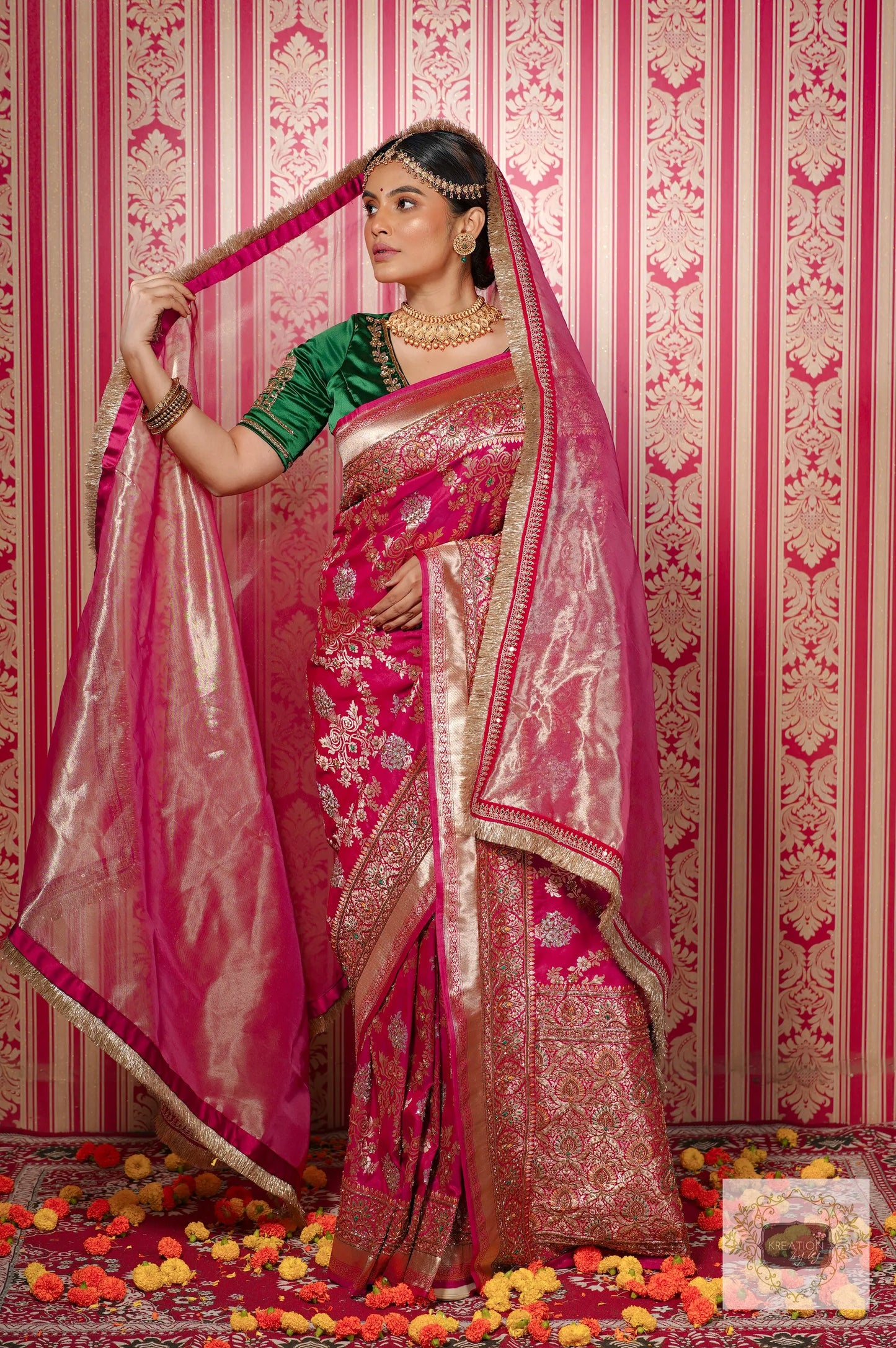 Pink Kataan Silk Banarasi Bridal Saree with Handembroidery kreationbykj