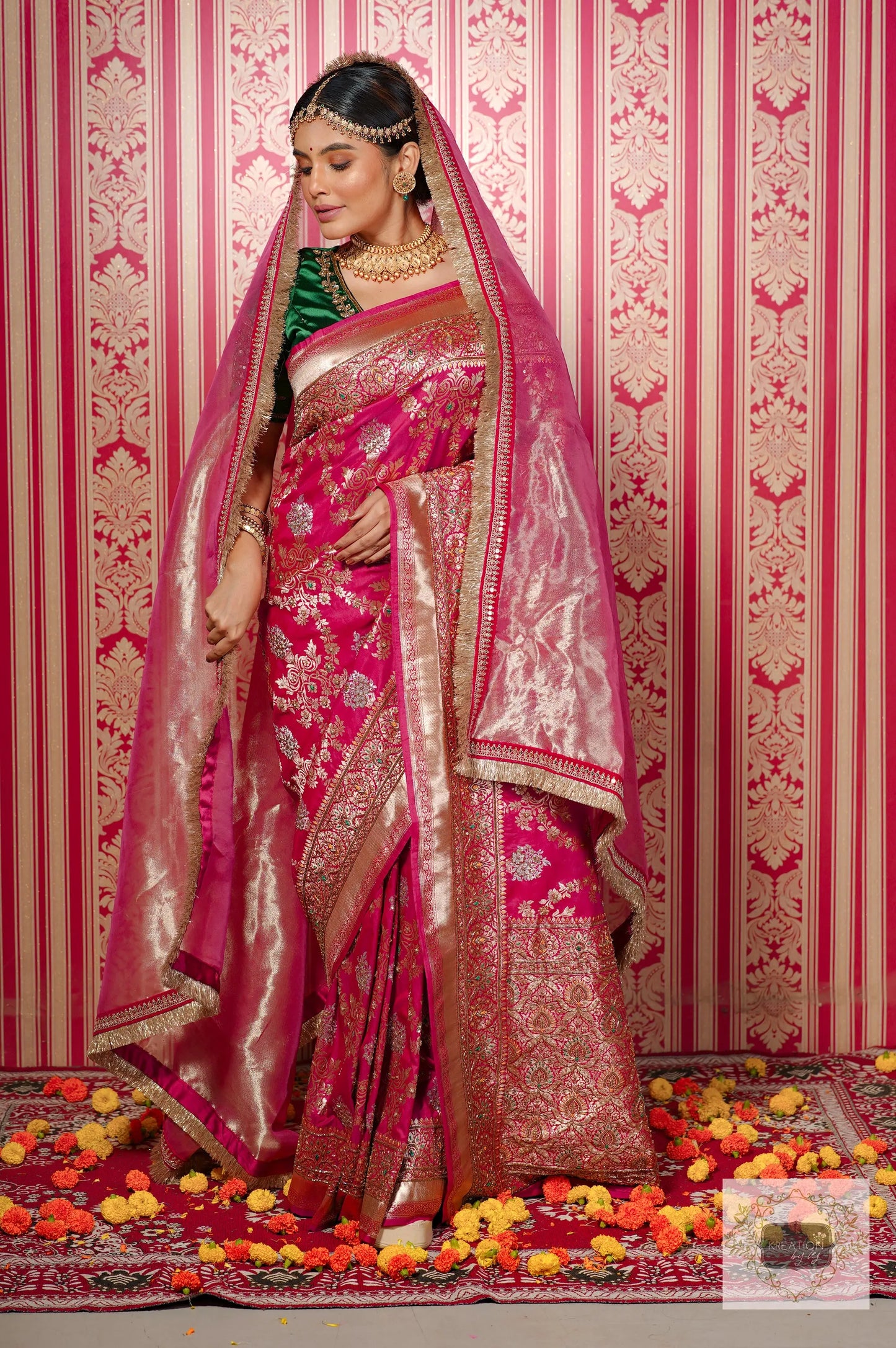 Pink Kataan Silk Banarasi Bridal Saree with Handembroidery kreationbykj