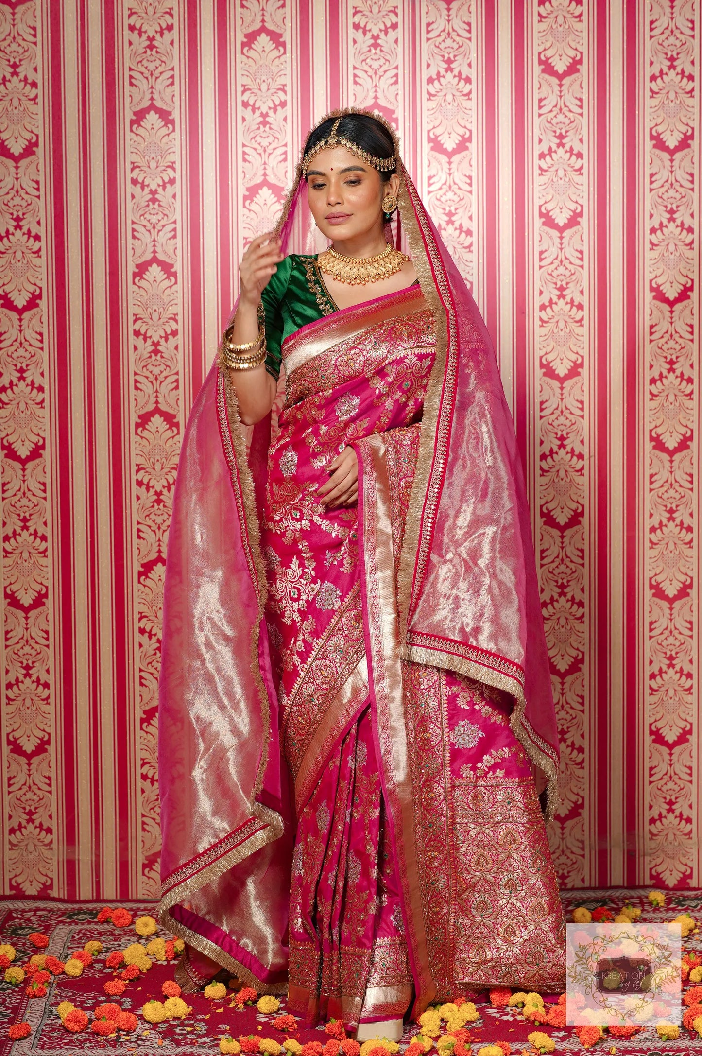 Pink Kataan Silk Banarasi Bridal Saree with Handembroidery kreationbykj