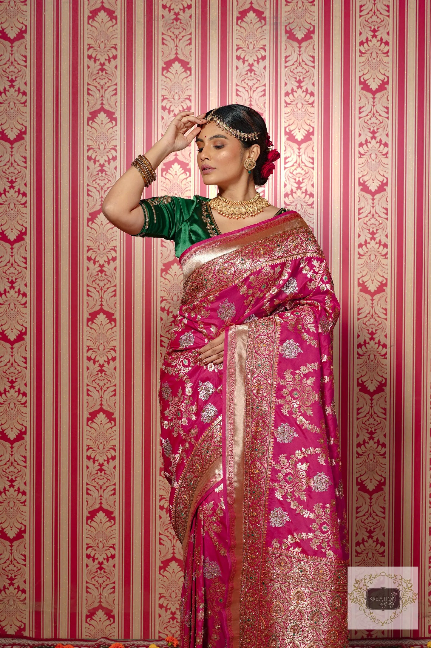 Pink Kataan Silk Banarasi Bridal Saree with Handembroidery kreationbykj