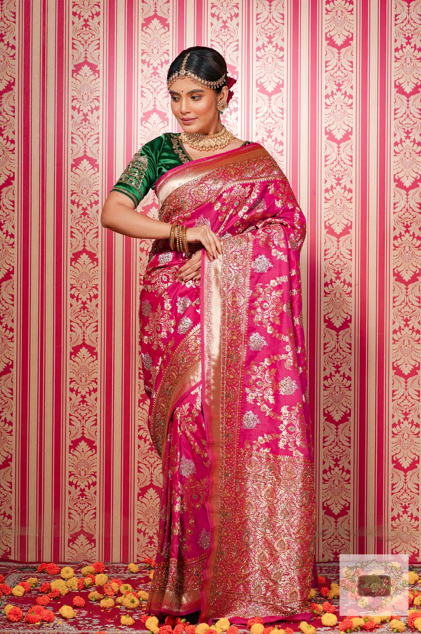Pink Kataan Silk Banarasi Bridal Saree with Handembroidery kreationbykj