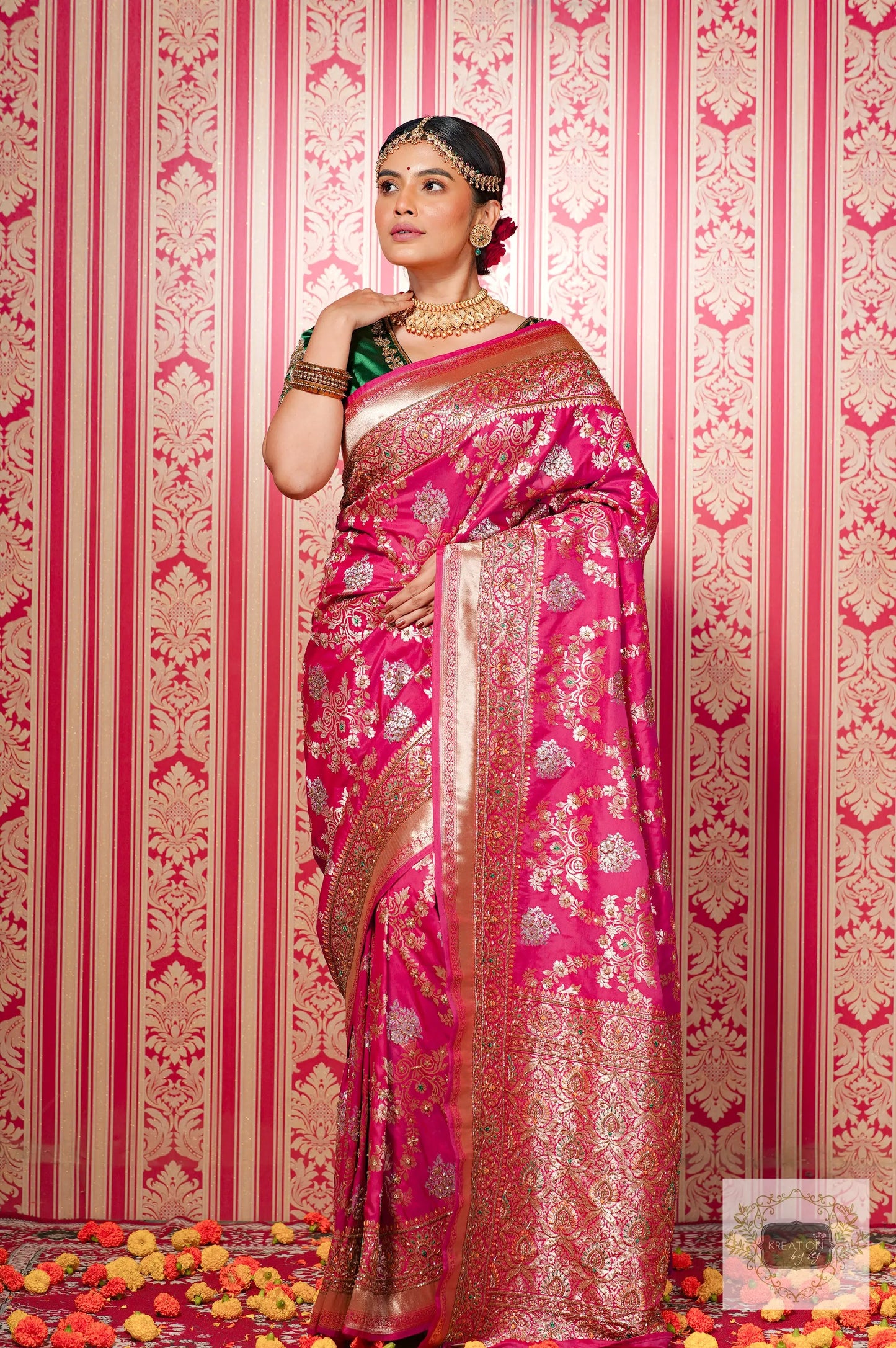 Pink Kataan Silk Banarasi Bridal Saree with Handembroidery kreationbykj