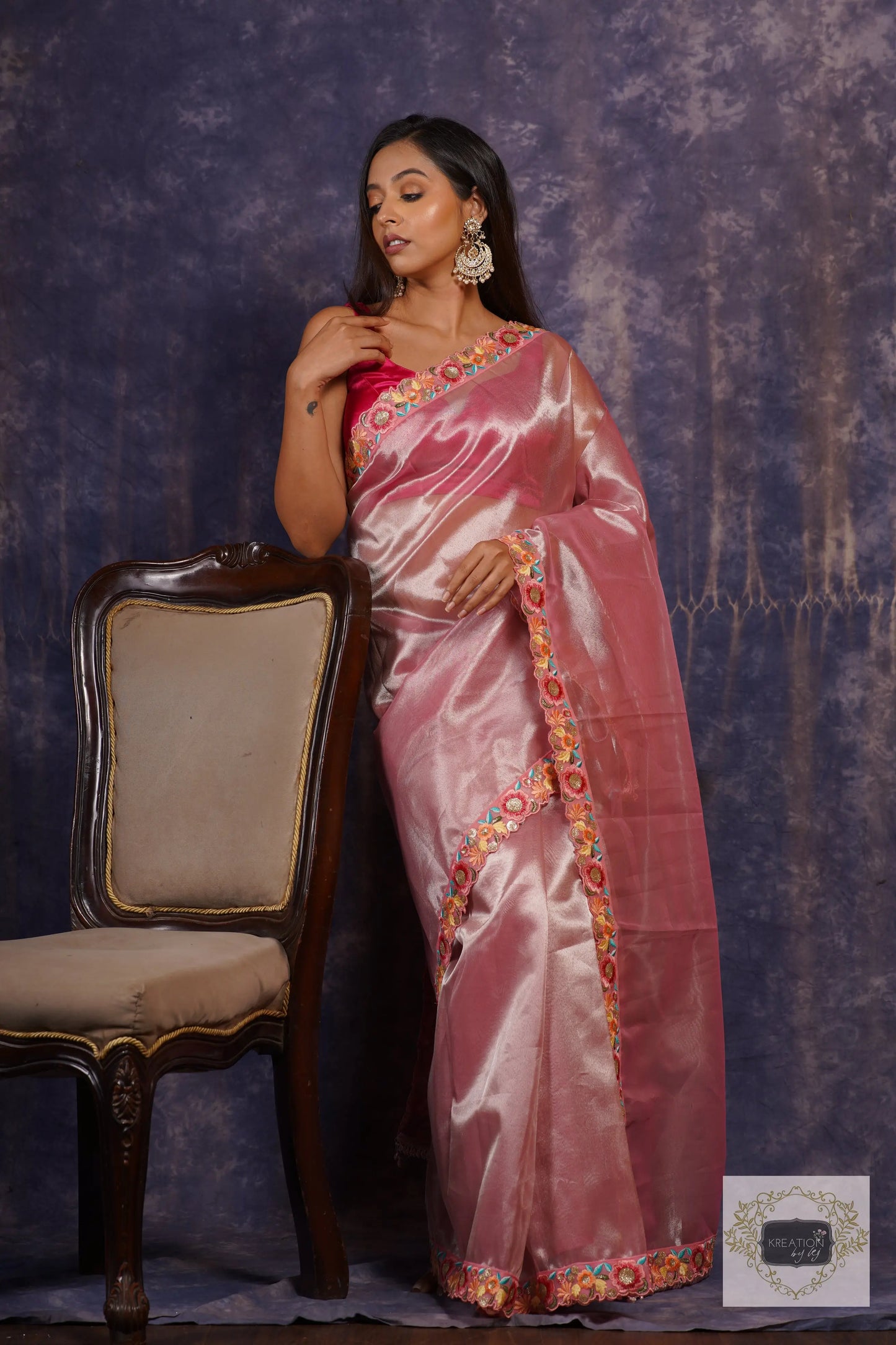 Pink Tissue Floral Border Saree kreationbykj