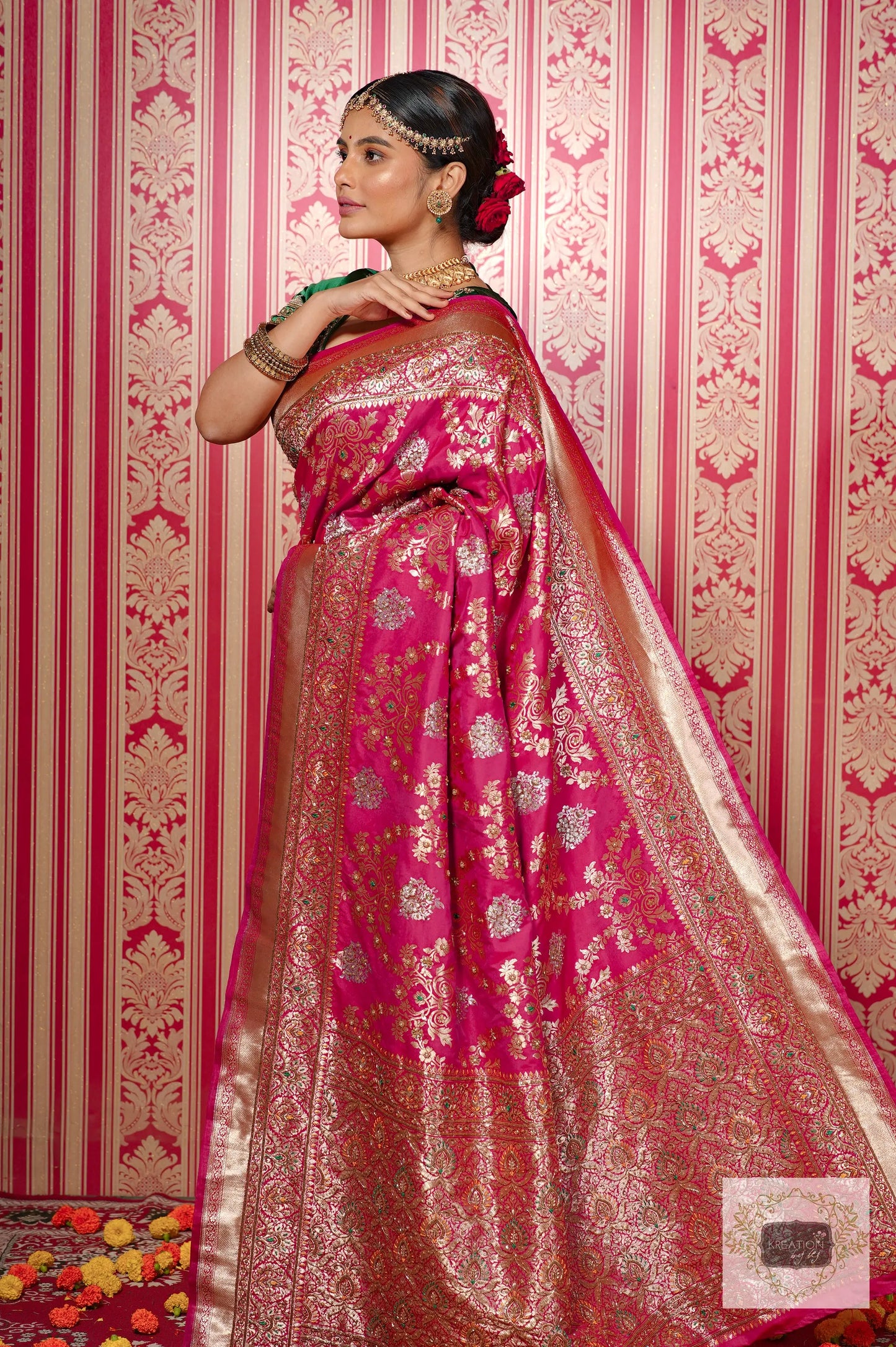 Pink Kataan Silk Banarasi Bridal Saree with Handembroidery kreationbykj