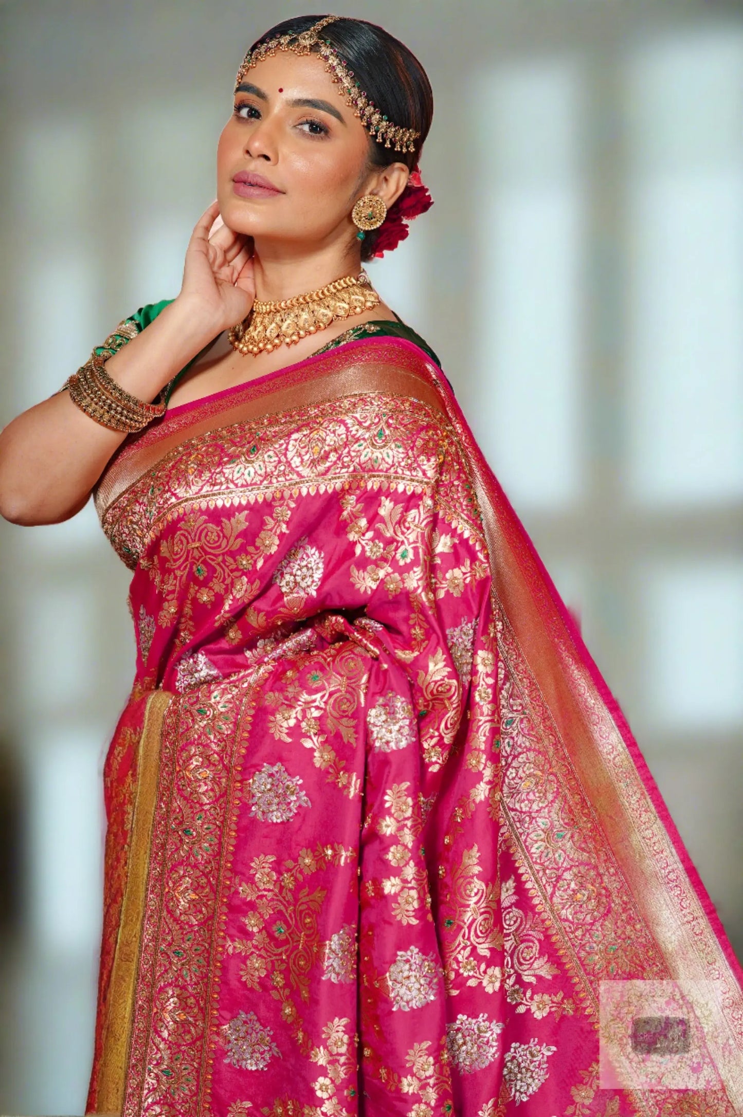 Pink Kataan Silk Banarasi Bridal Saree with Handembroidery kreationbykj