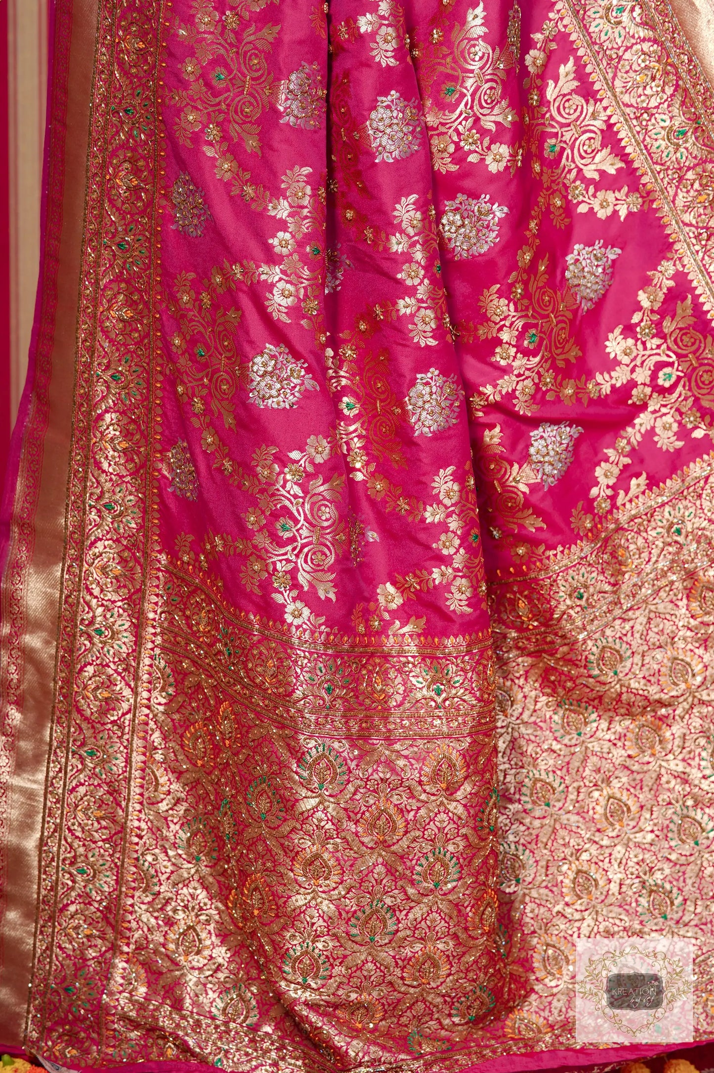 Pink Kataan Silk Banarasi Bridal Saree with Handembroidery kreationbykj