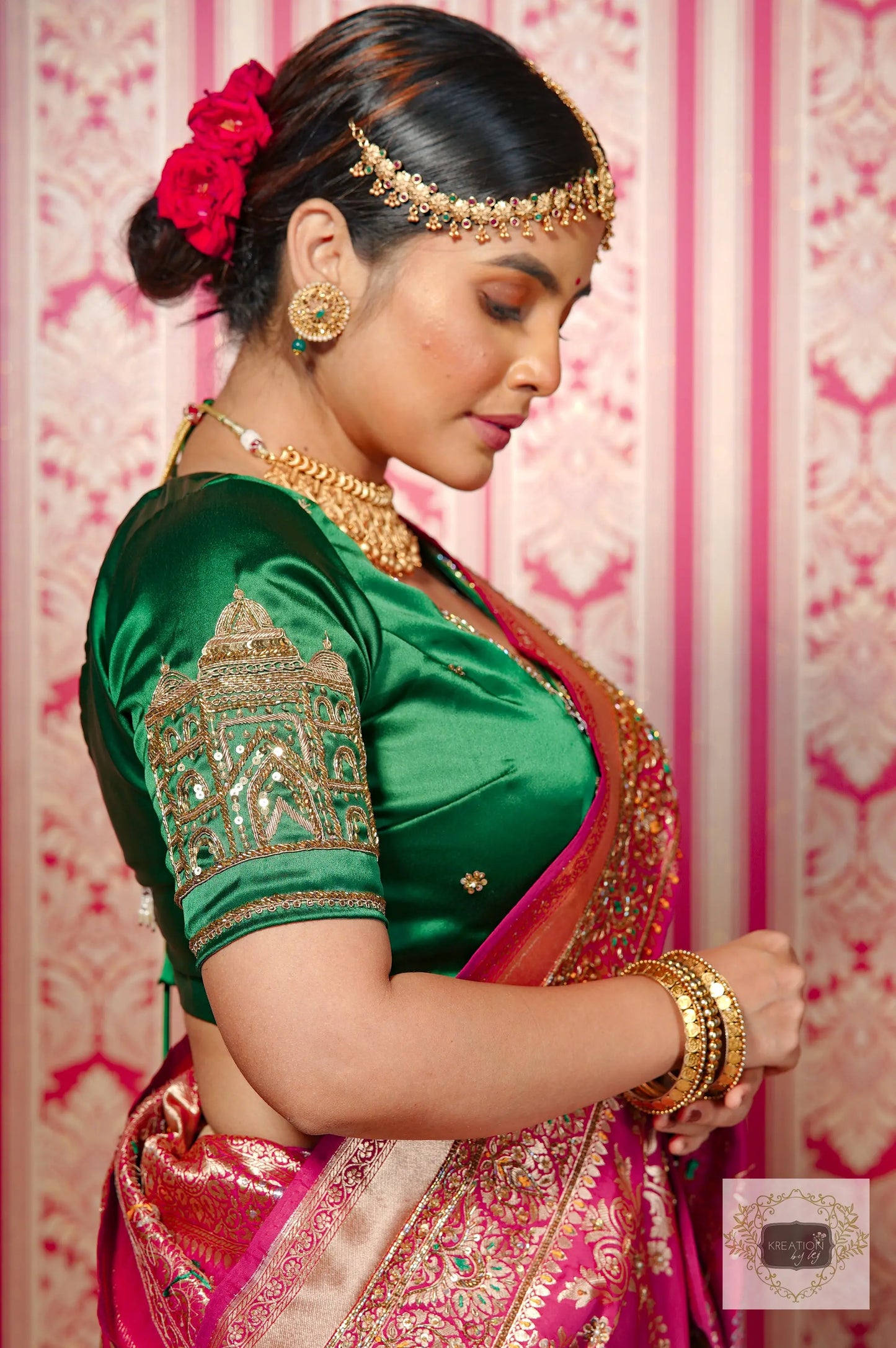Pink Kataan Silk Banarasi Bridal Saree with Handembroidery kreationbykj