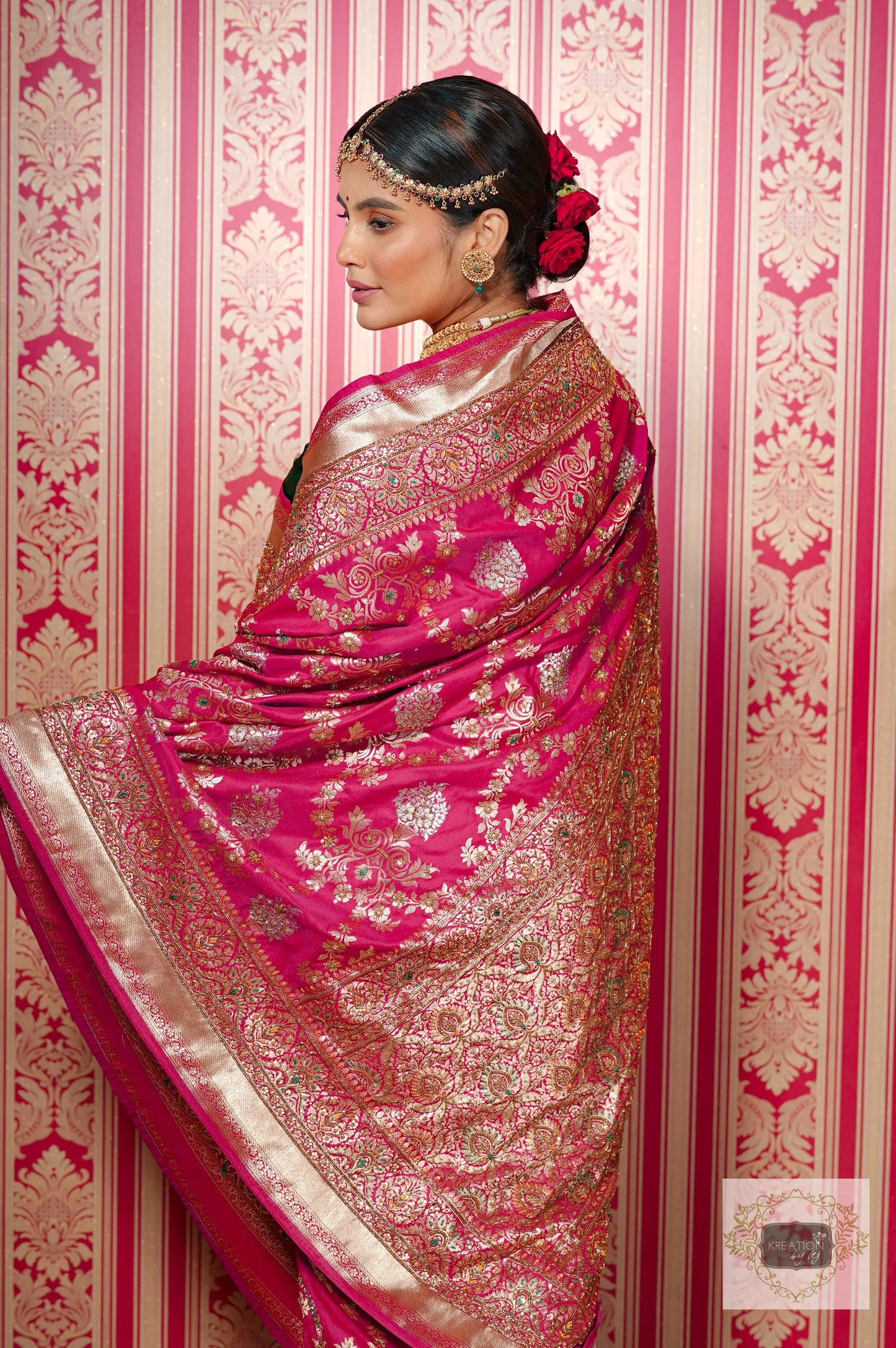 Pink Kataan Silk Banarasi Bridal Saree with Handembroidery kreationbykj