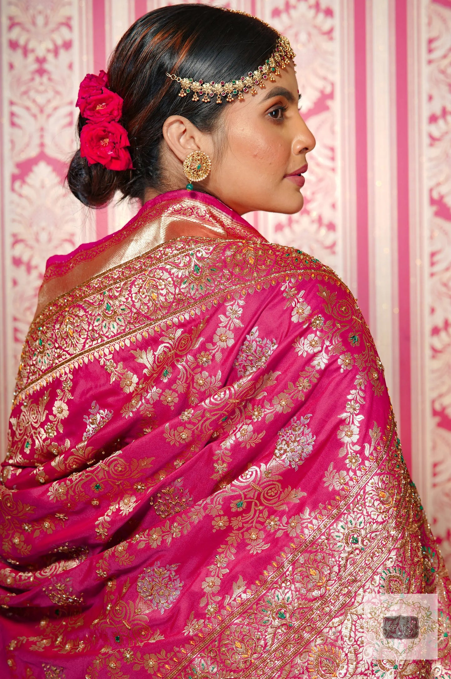 Pink Kataan Silk Banarasi Bridal Saree with Handembroidery kreationbykj