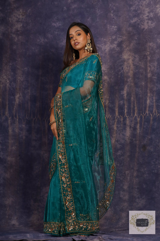 Teal Blue Glass Tissue Anaya Saree