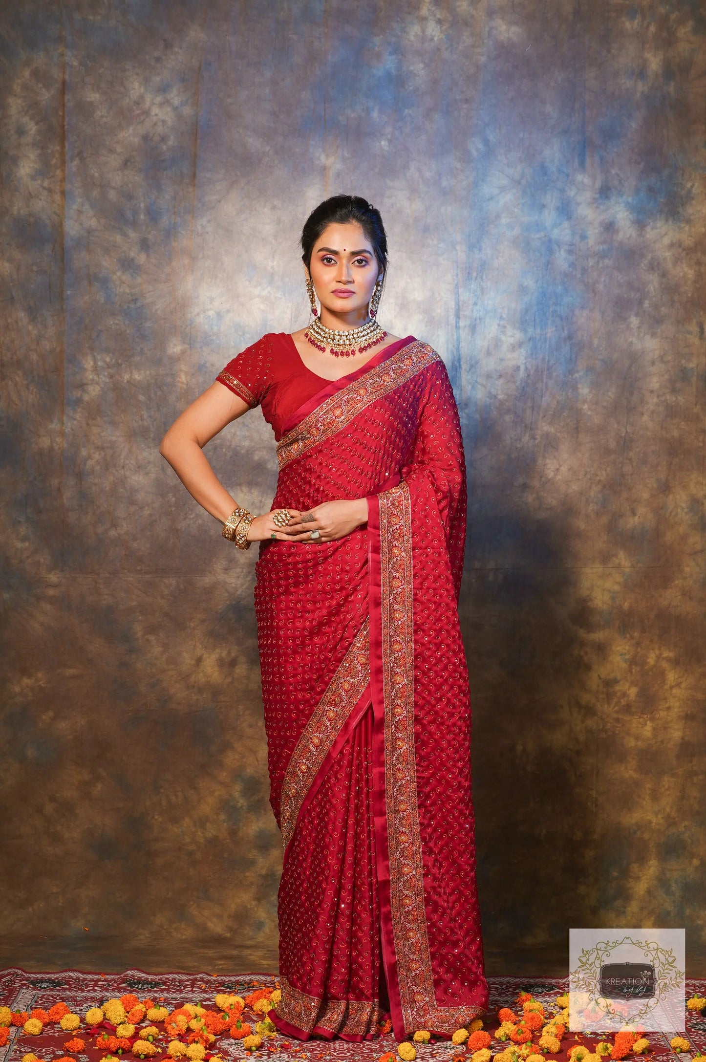 Riwayat Maroon Handembroidered Saree kreationbykj.in