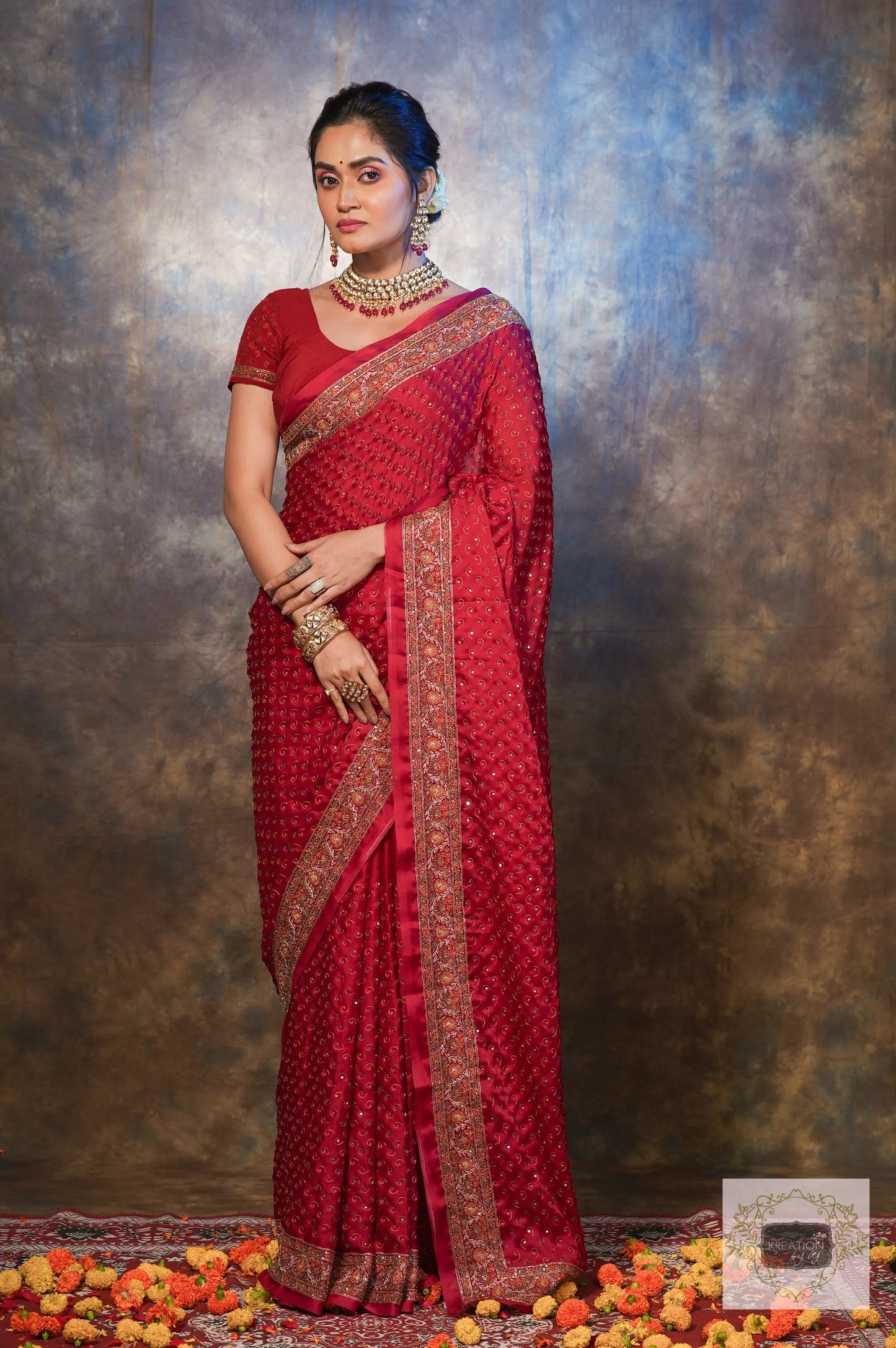 Riwayat Maroon Handembroidered Saree kreationbykj.in