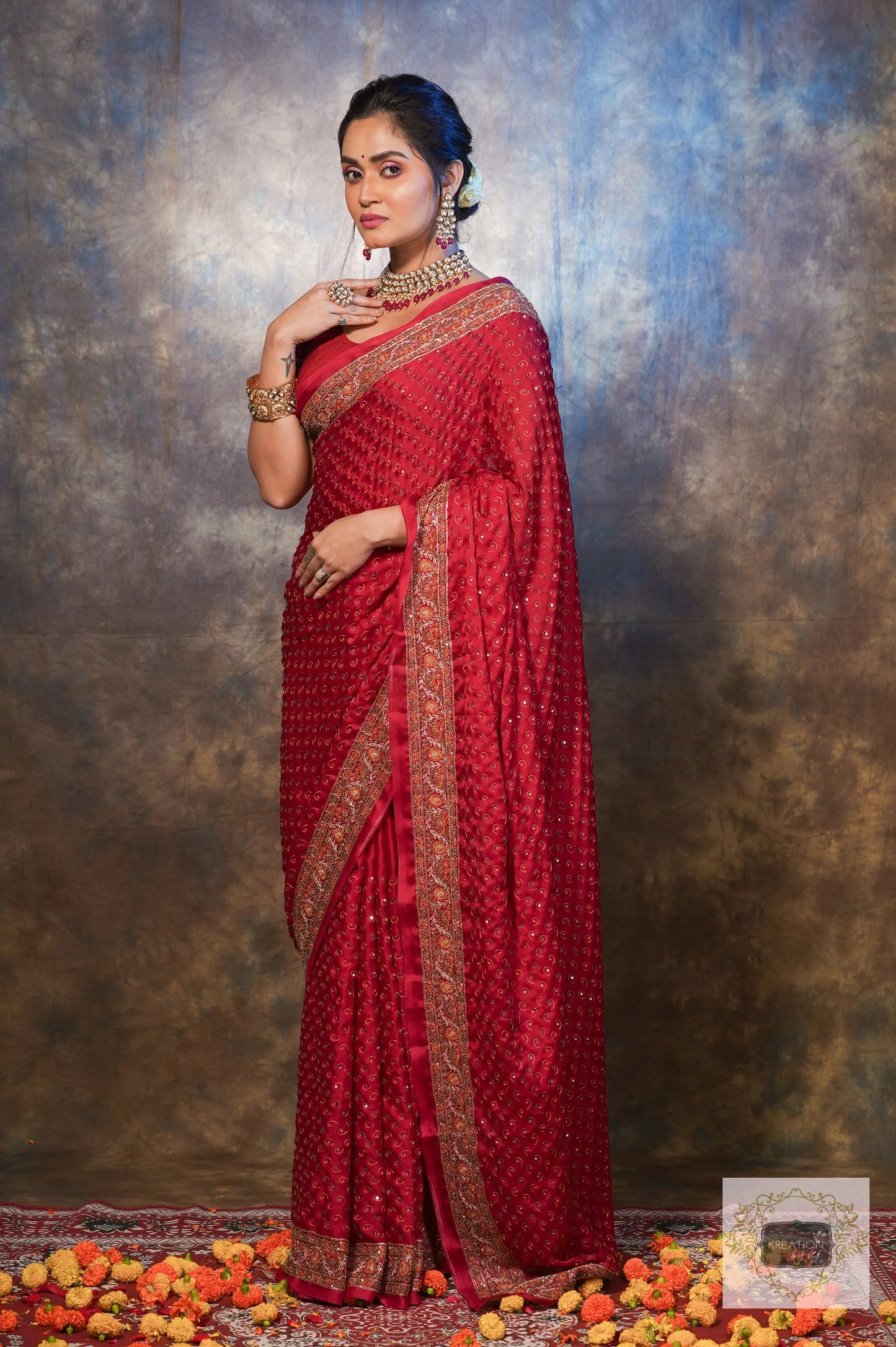 Riwayat Maroon Handembroidered Saree kreationbykj.in