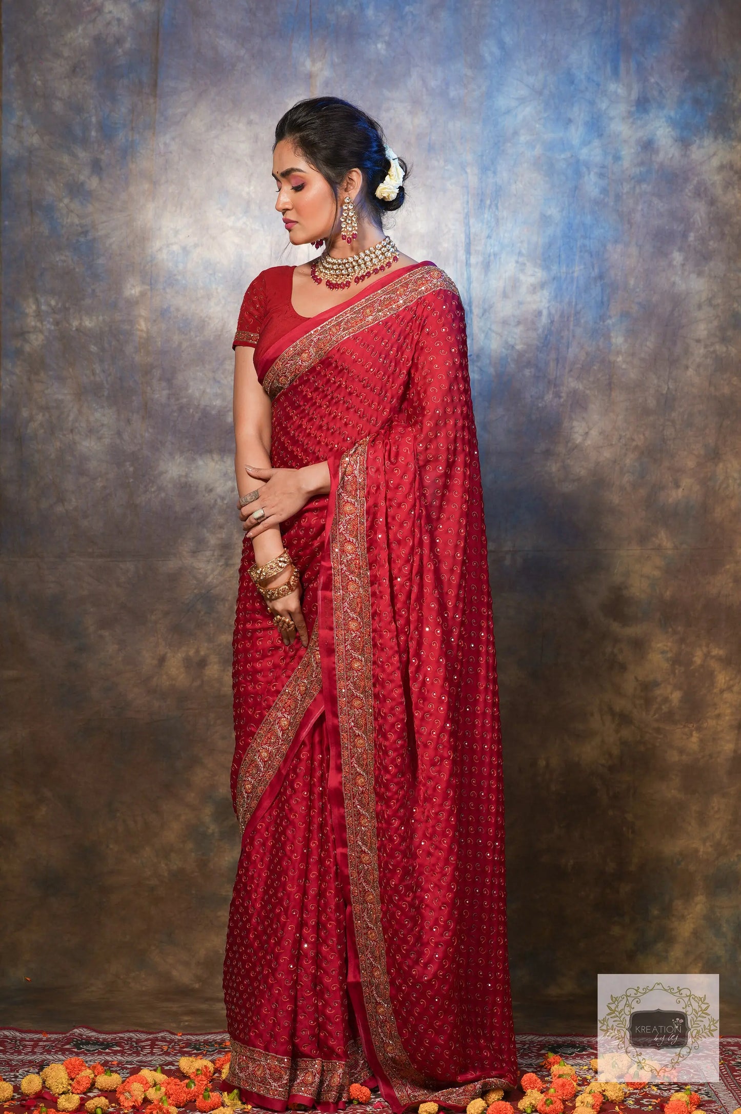 Riwayat Maroon Handembroidered Saree kreationbykj.in