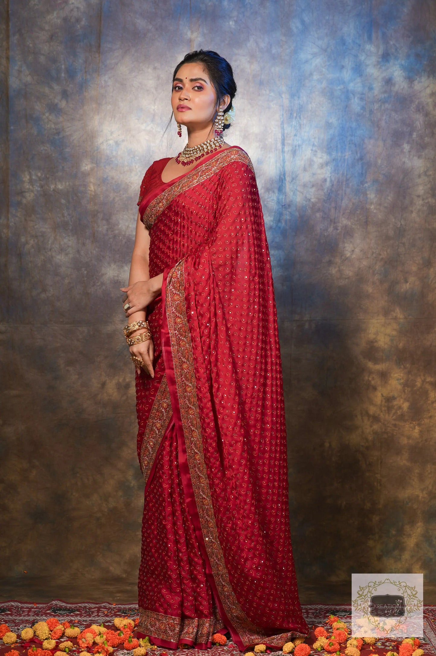 Riwayat Maroon Handembroidered Saree kreationbykj.in