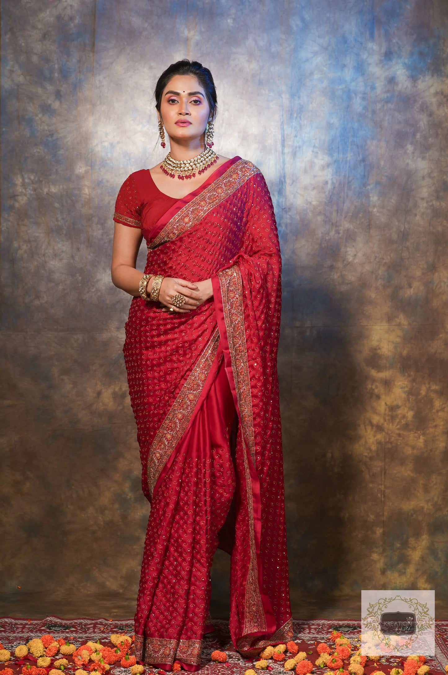 Riwayat Maroon Handembroidered Saree kreationbykj.in
