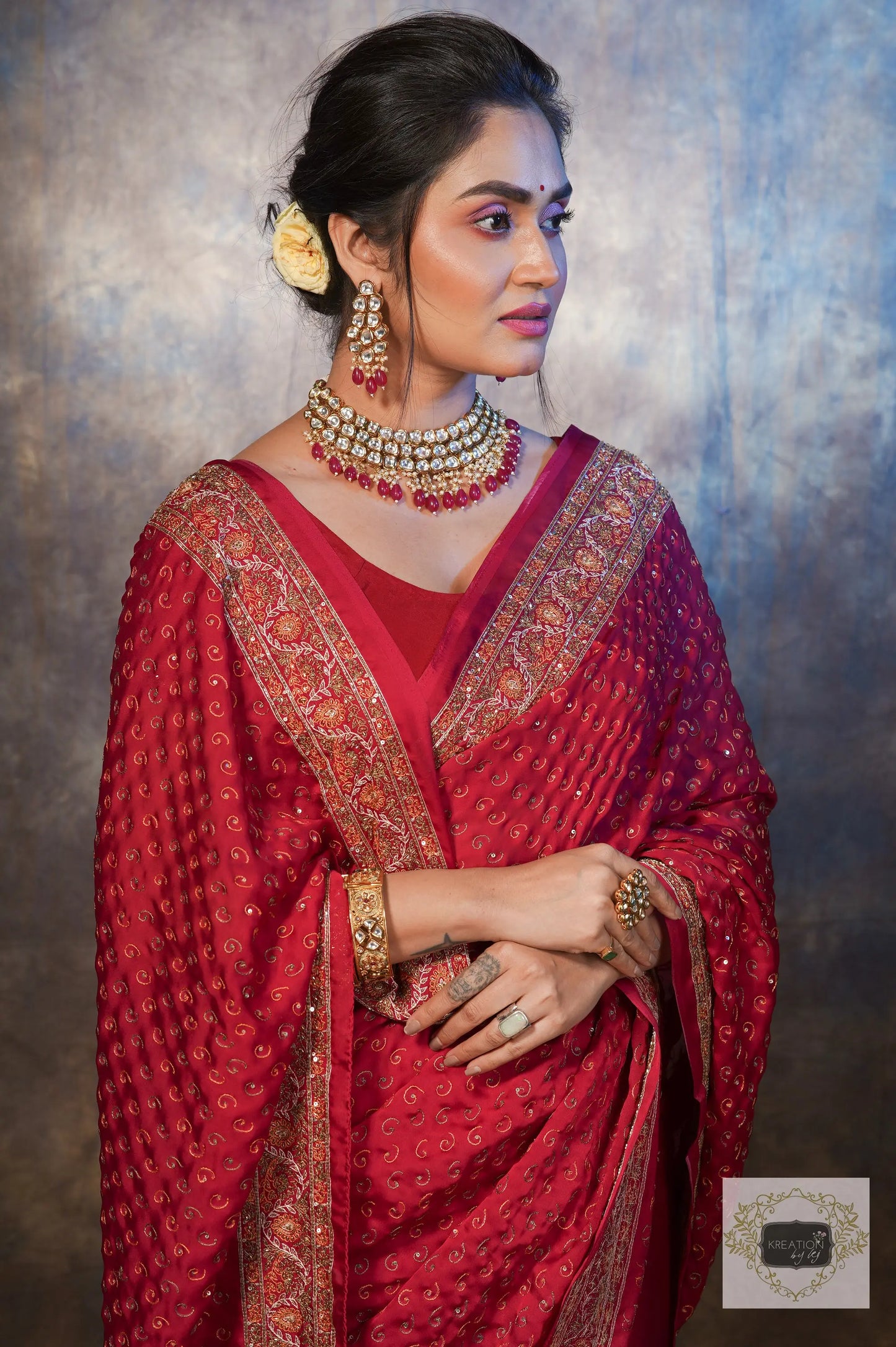 Riwayat Maroon Handembroidered Saree kreationbykj.in