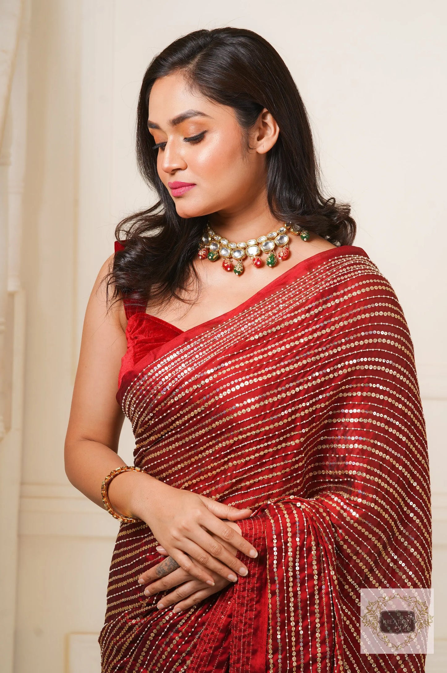Maroon Chand Sifarish Saree for Engagement kreationbykj