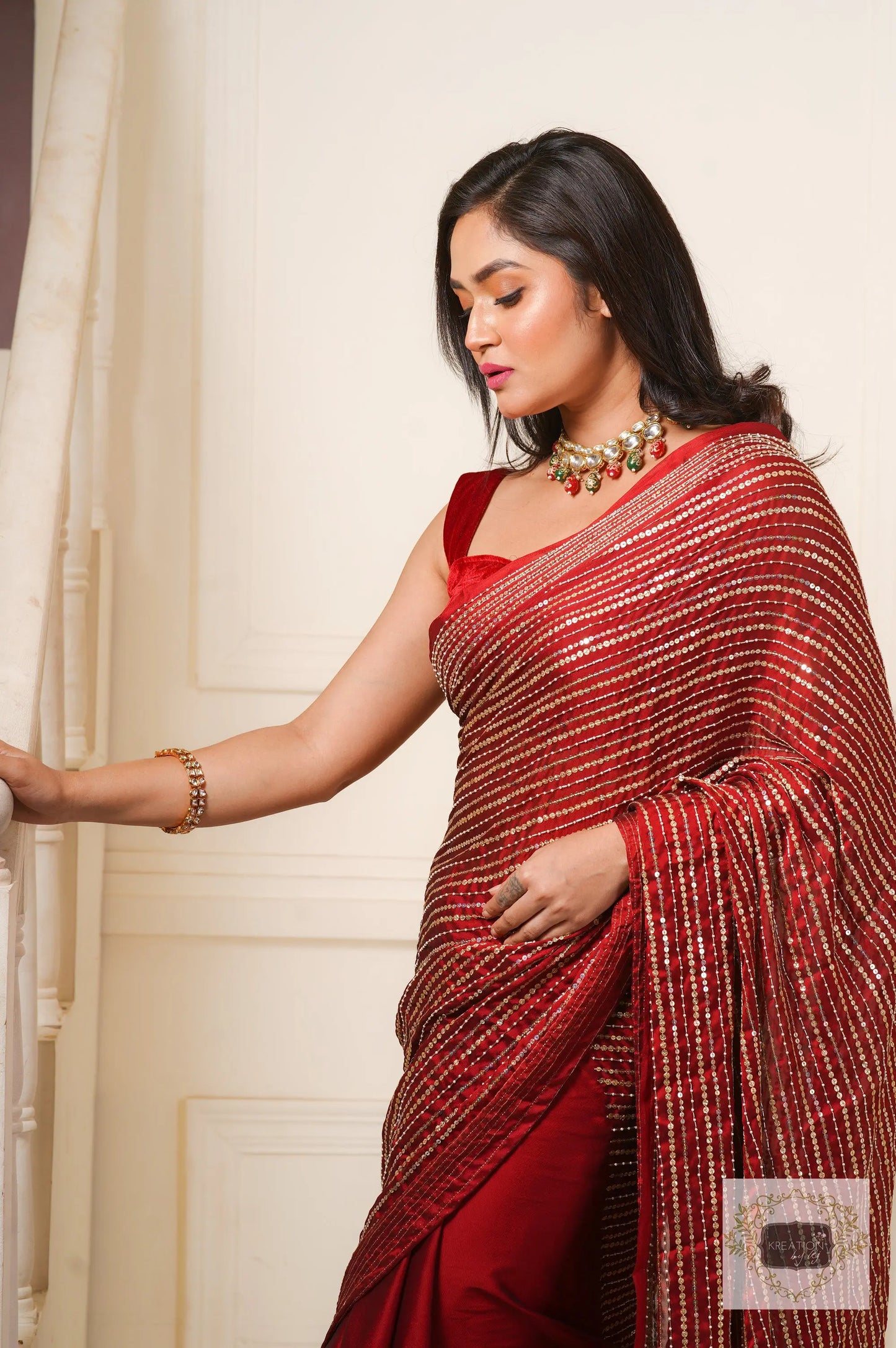 Maroon Chand Sifarish Saree for Engagement kreationbykj