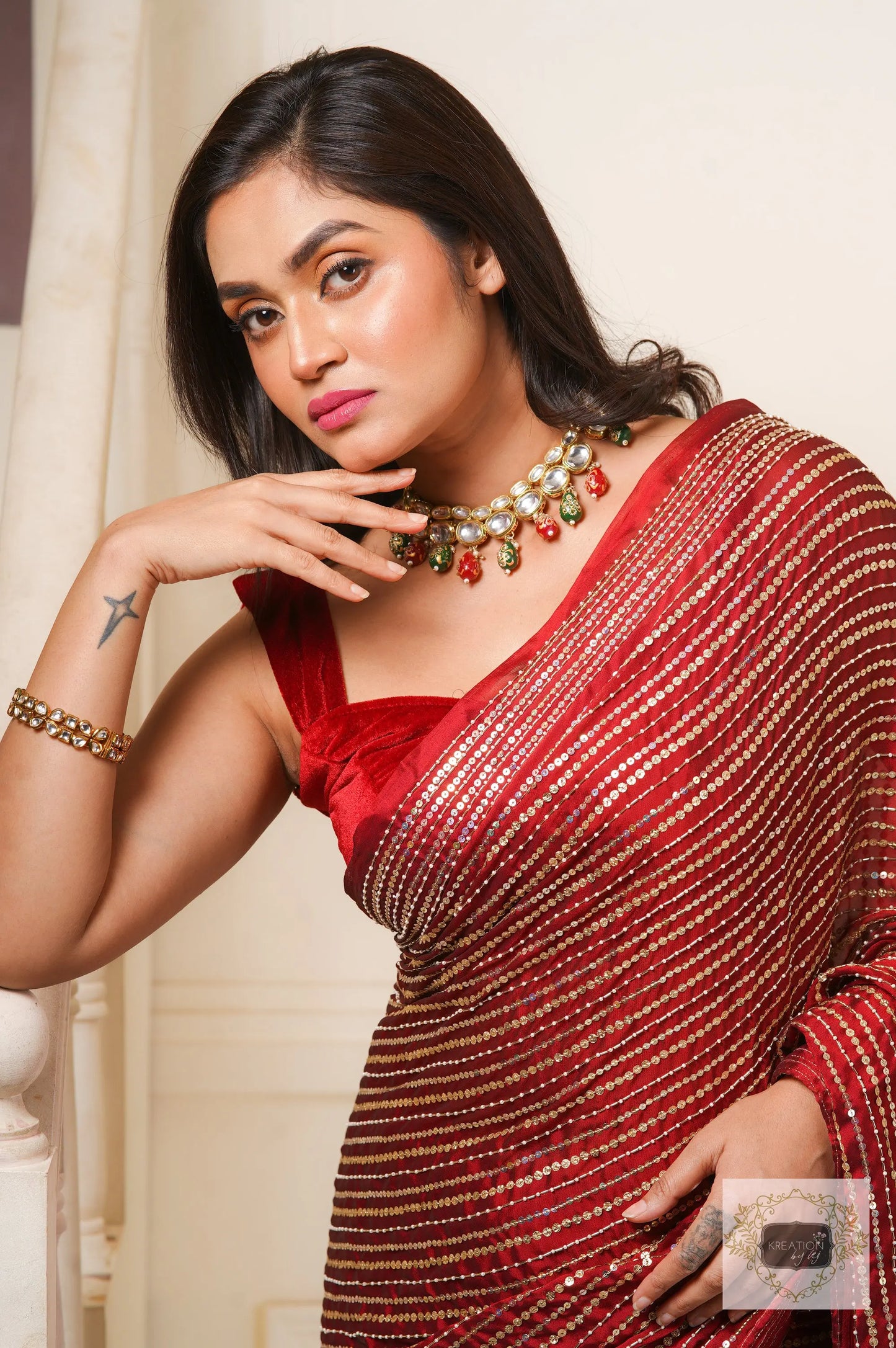 Maroon Chand Sifarish Saree for Engagement kreationbykj