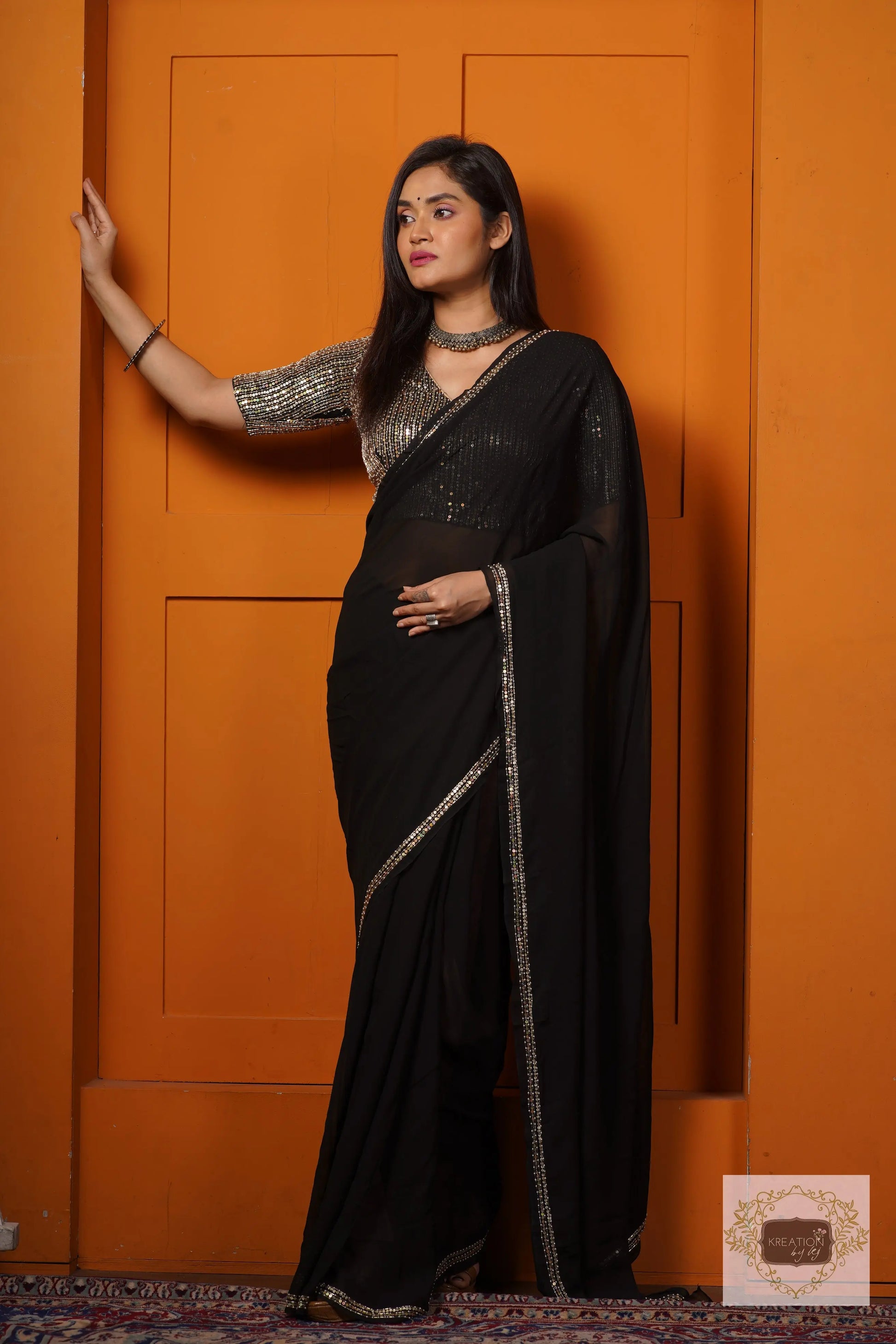 Black Georgette Saree With Heavy Blouse kreationbykj