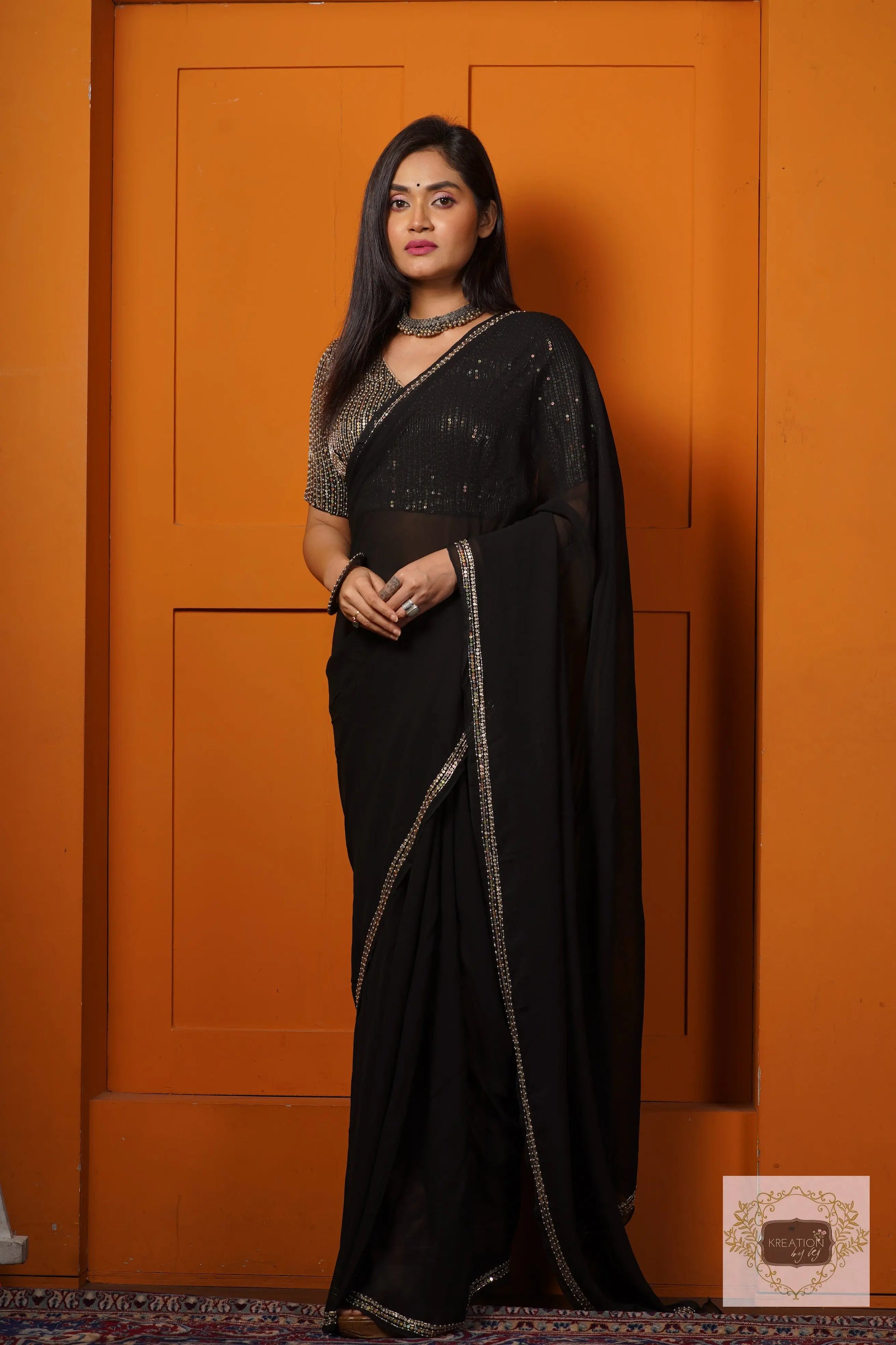 Black Georgette Saree With Heavy Blouse kreationbykj