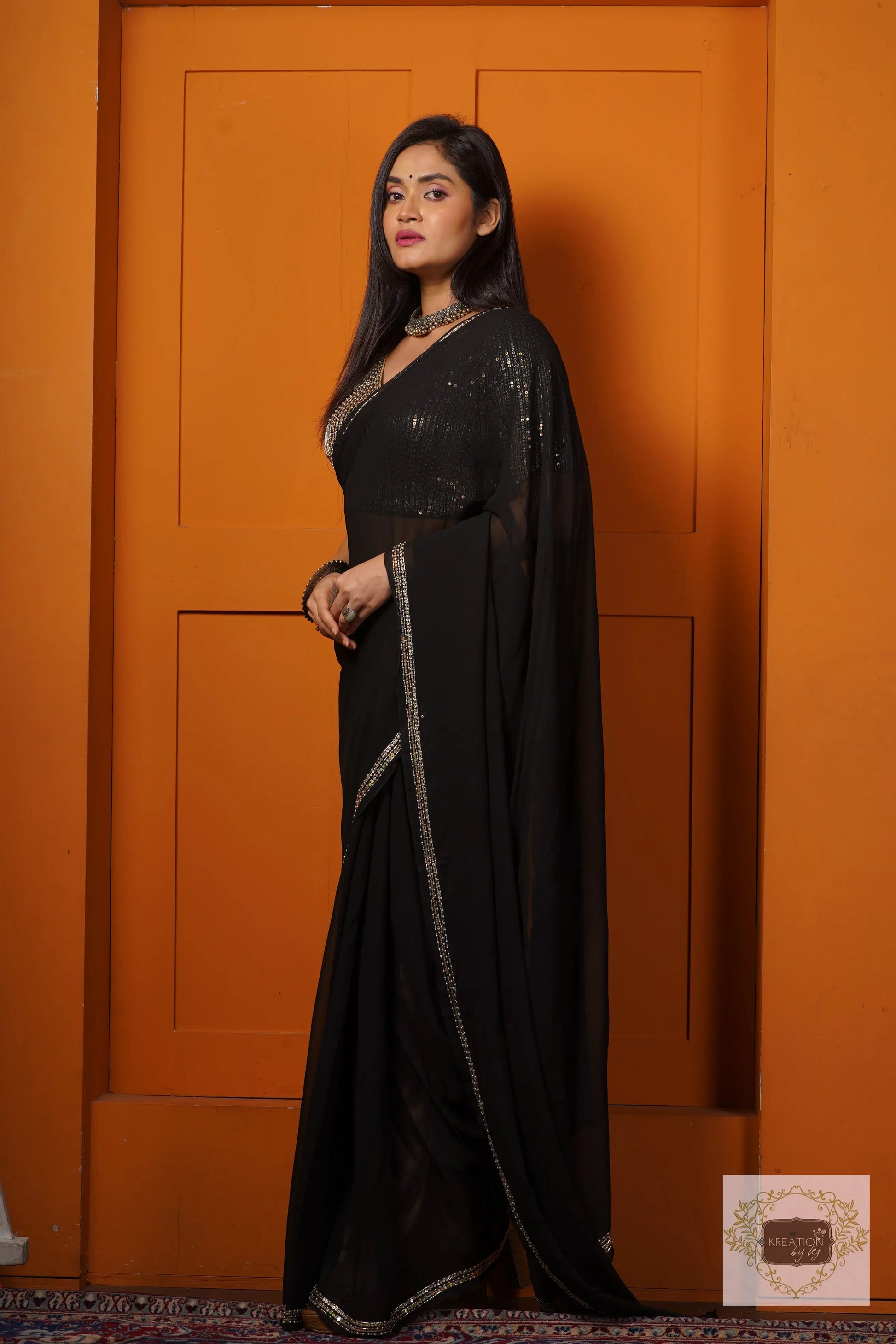 Black Georgette Saree With Heavy Blouse kreationbykj