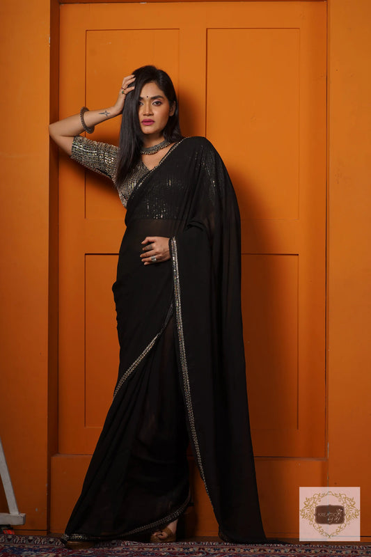 Black Georgette Saree With Heavy Blouse kreationbykj