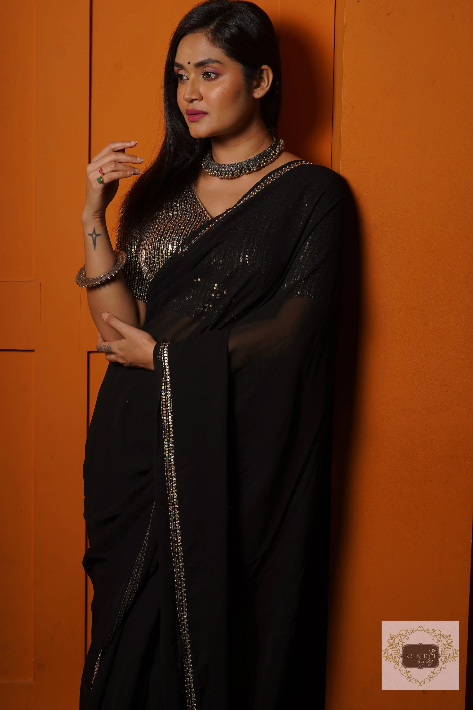 Black Georgette Saree With Heavy Blouse kreationbykj