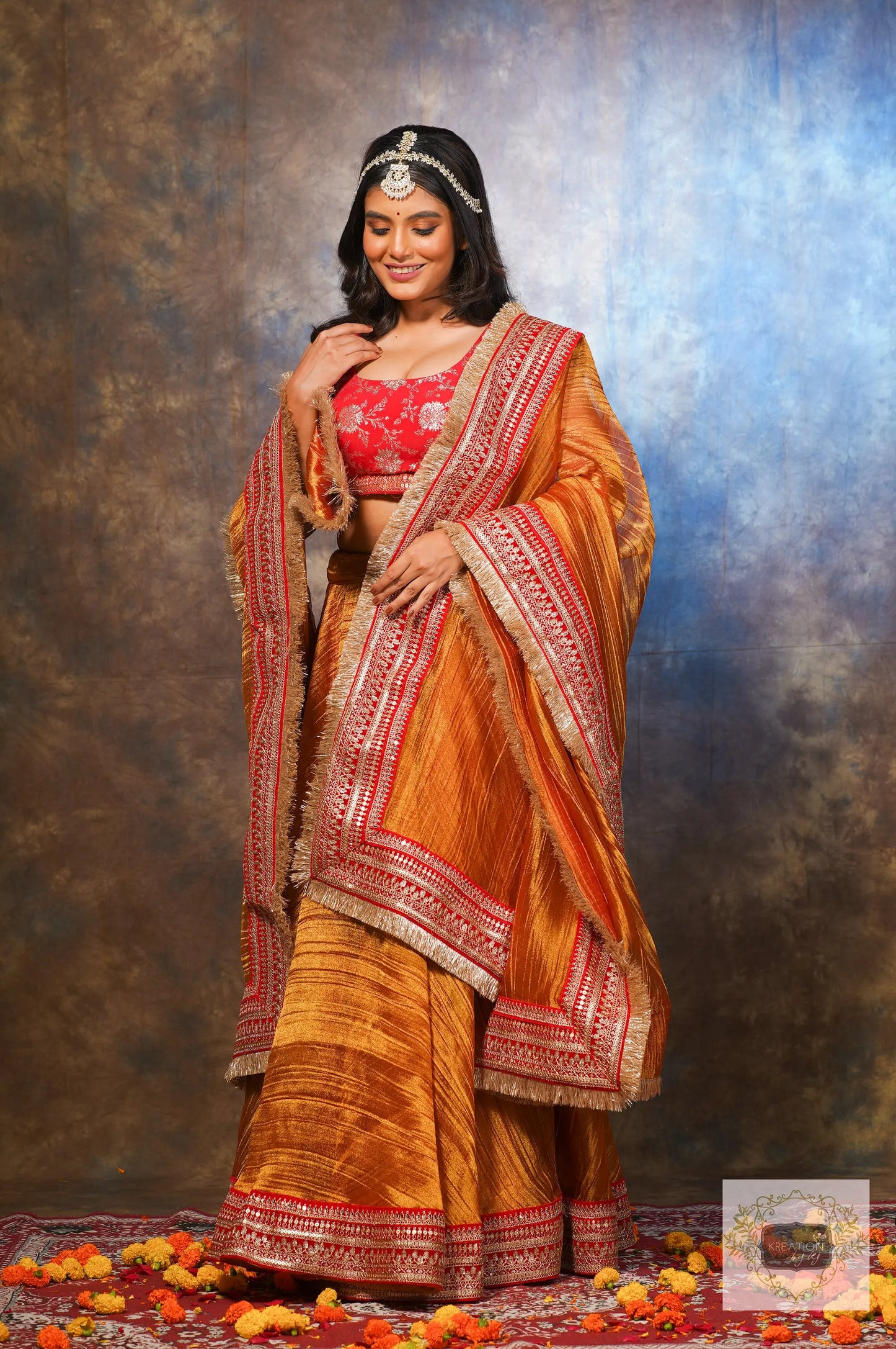 Fiery Gold Zari Tissue Lehenga Set kreationbykj