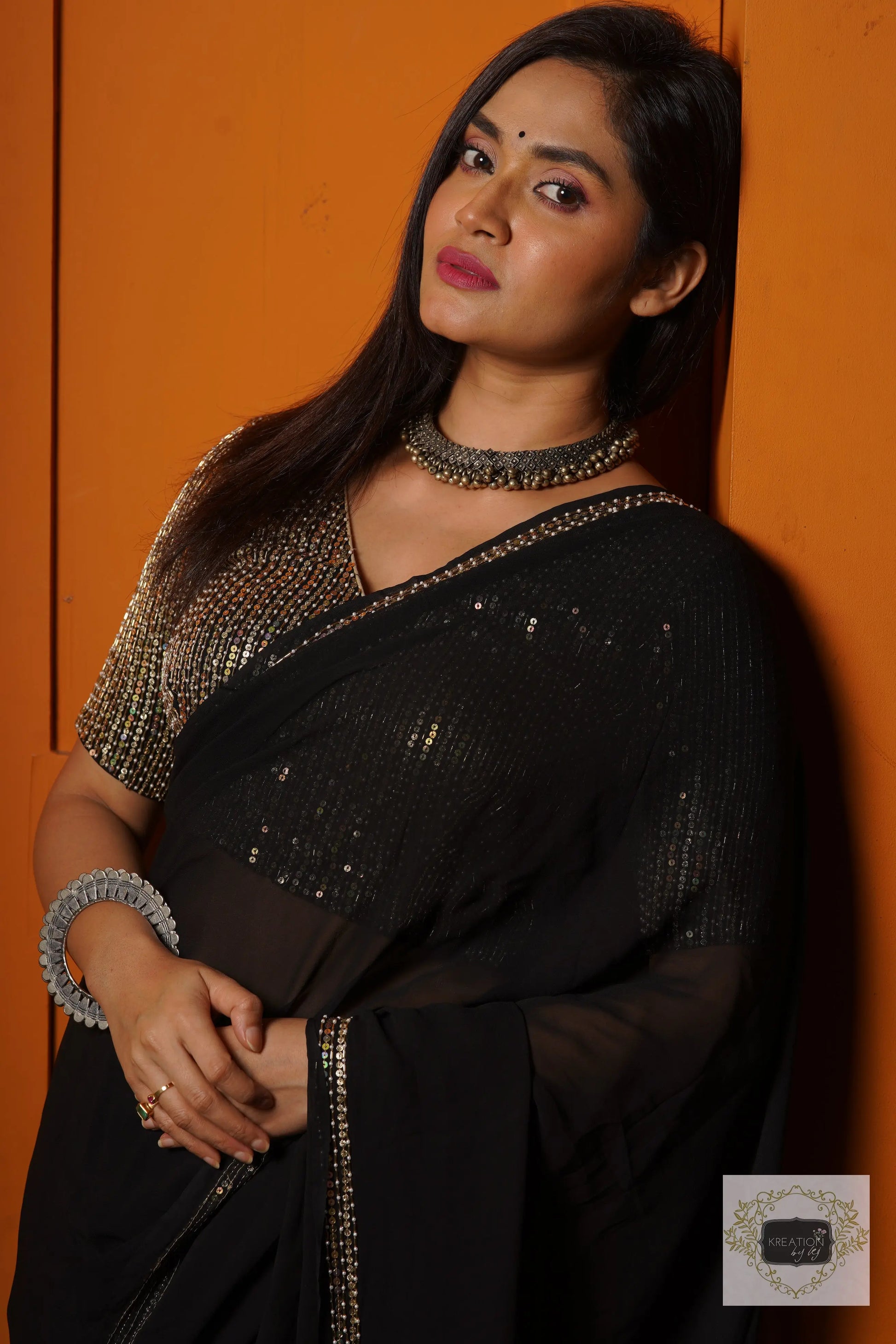 Black Georgette Saree With Heavy Blouse kreationbykj