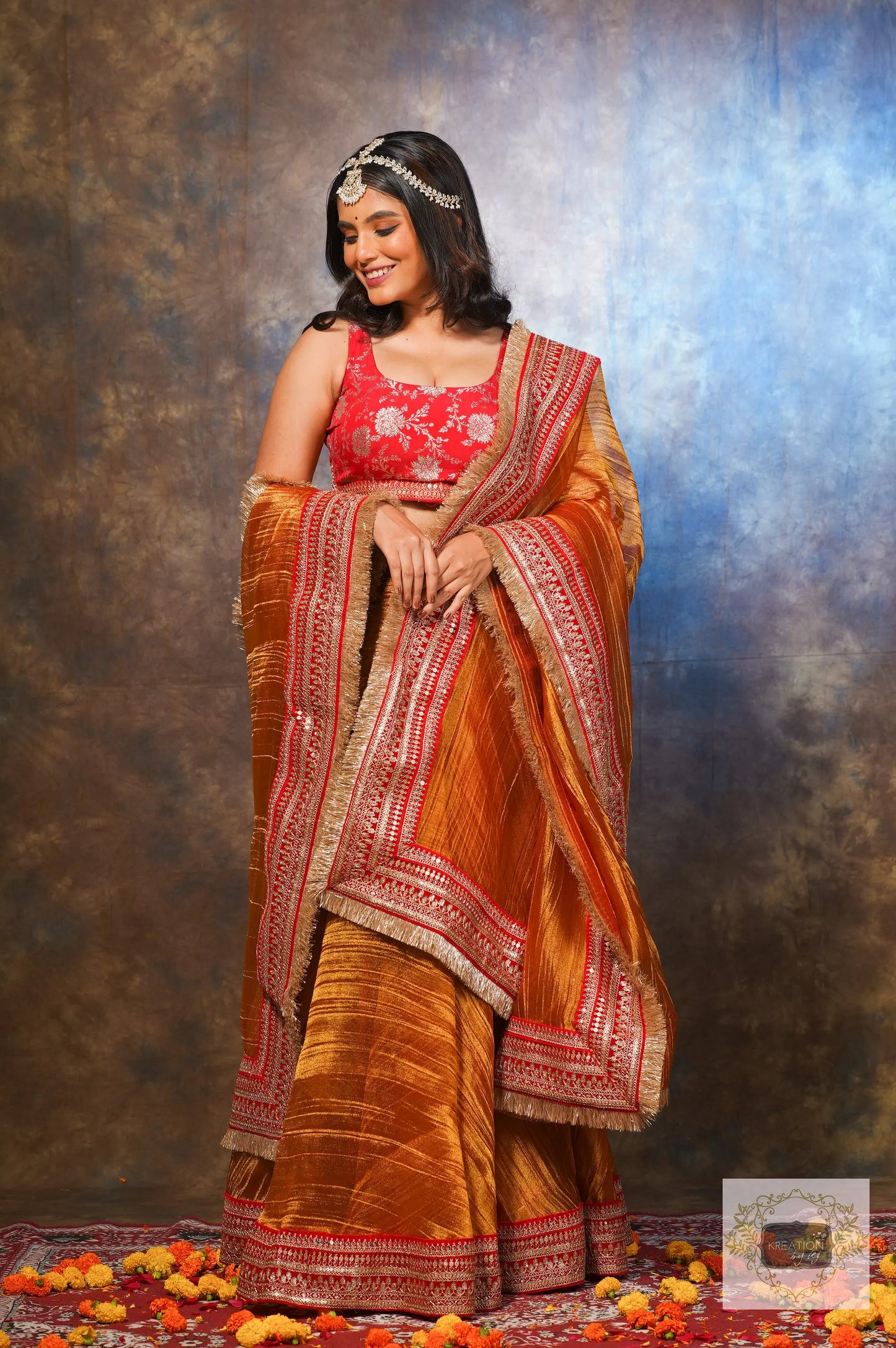 Fiery Gold Zari Tissue Lehenga Set kreationbykj