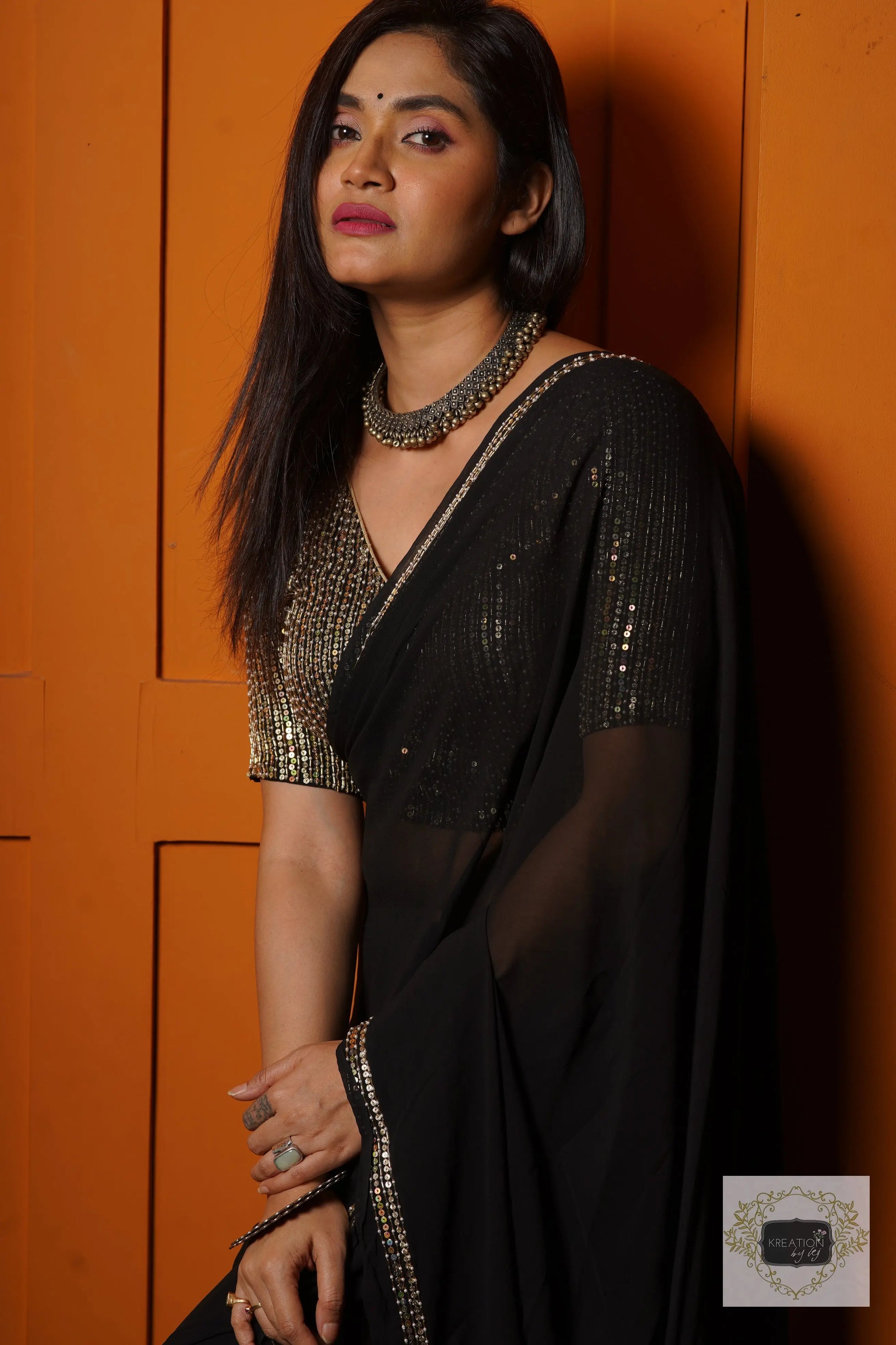 Black Georgette Saree With Heavy Blouse kreationbykj