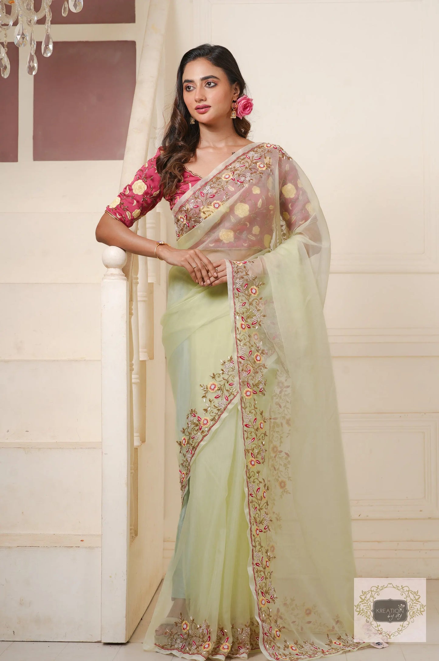 Mint Green Pankhuri Saree kreationbykj