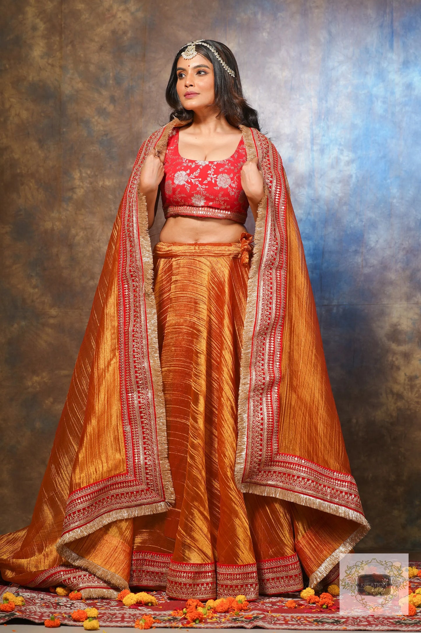 Fiery Gold Zari Tissue Lehenga Set kreationbykj