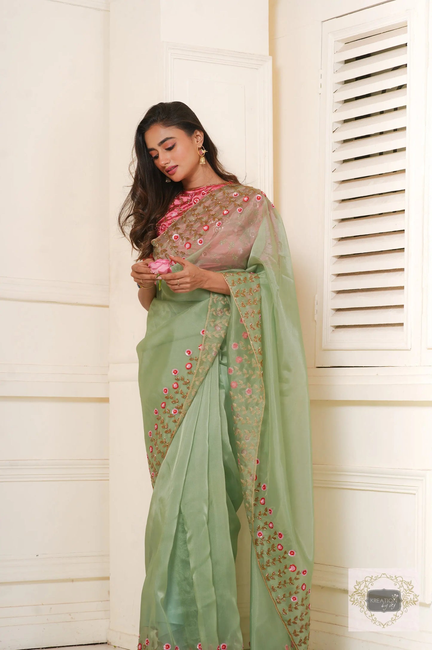 Blooming Daisies Mint Organza Saree kreationbykj