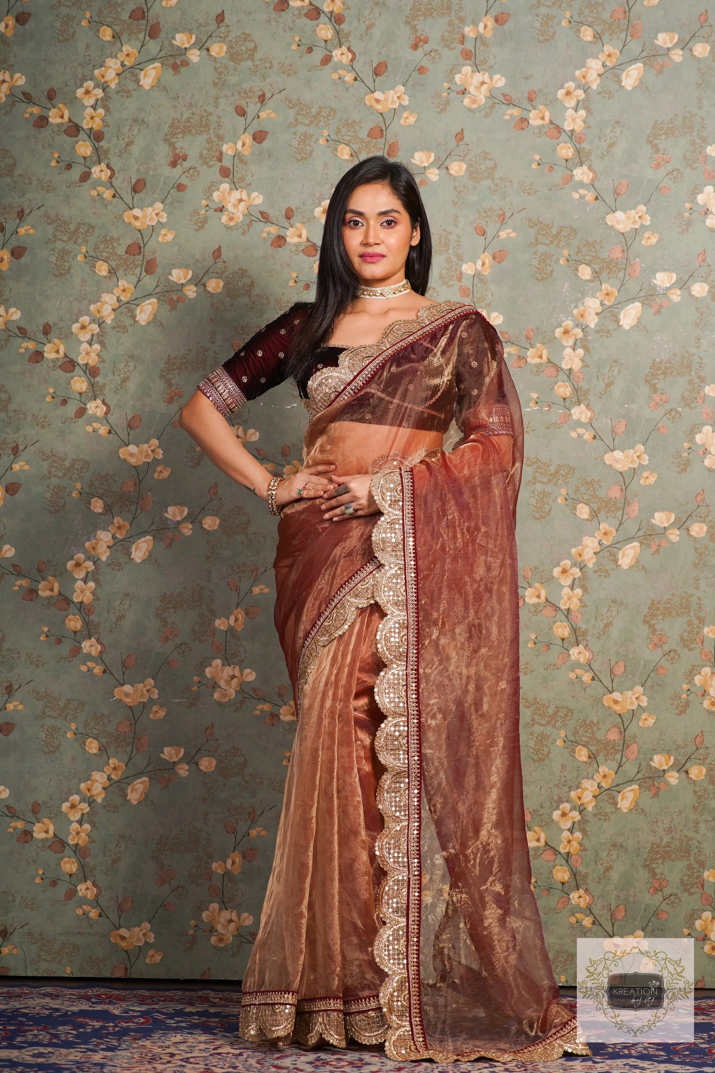 Golden Chocolate Glass Tissue Mehraab Border Saree kreationbykj