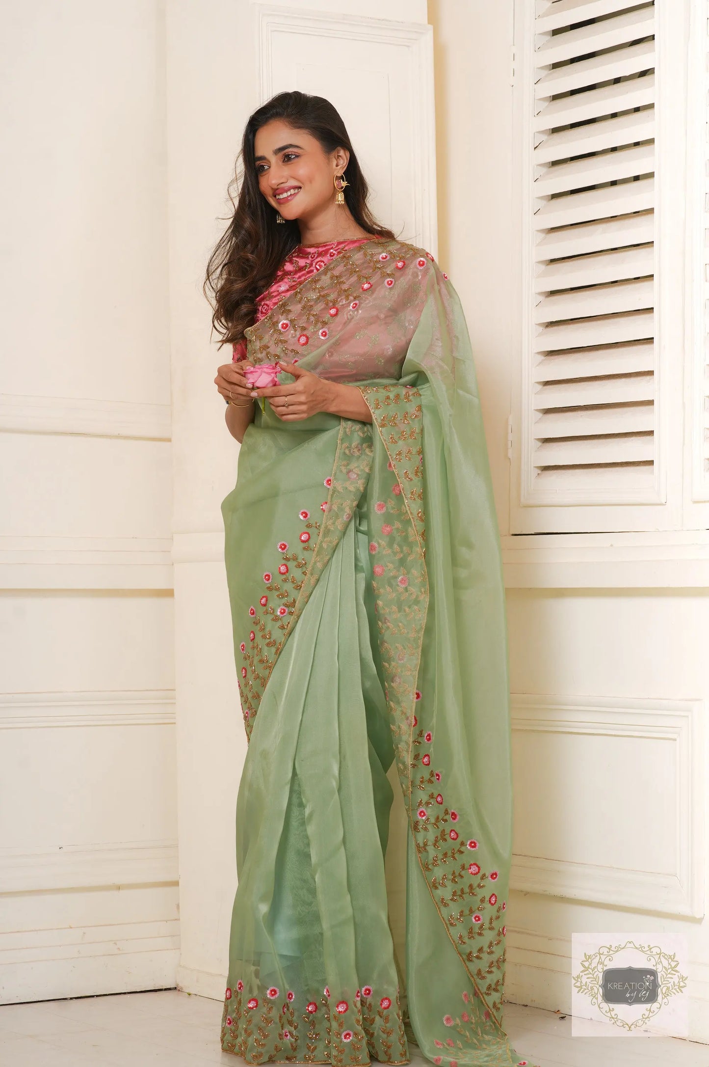 Blooming Daisies Mint Organza Saree kreationbykj