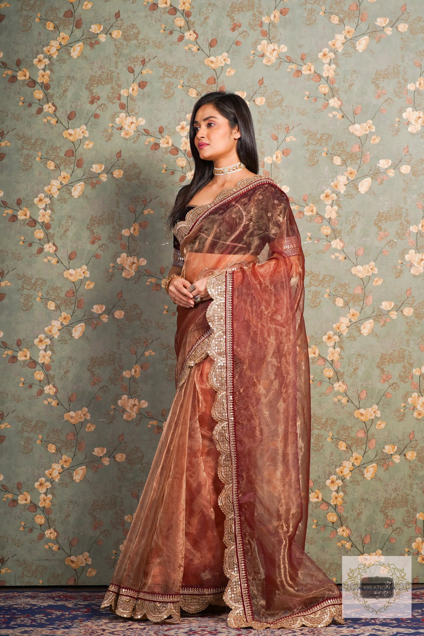 Golden Chocolate Glass Tissue Mehraab Border Saree kreationbykj