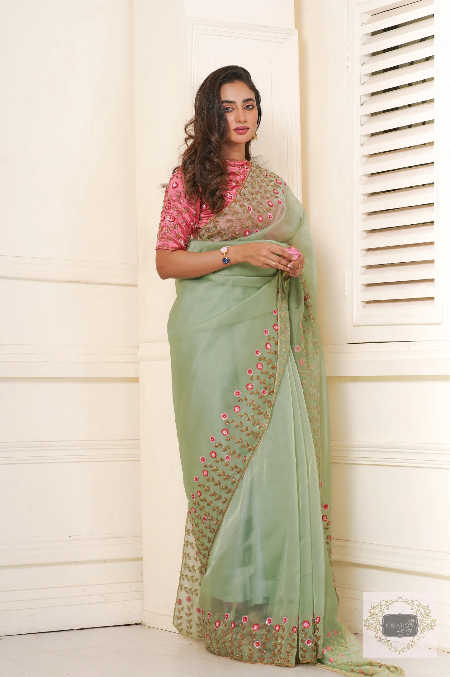 Blooming Daisies Mint Organza Saree kreationbykj